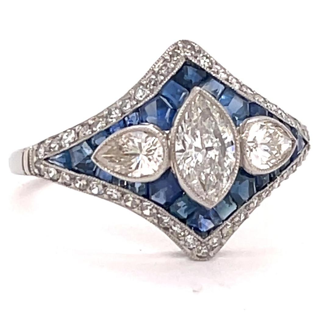 Art Deco Inspired Diamond Sapphire Platinum Ring In Excellent Condition In Beverly Hills, CA