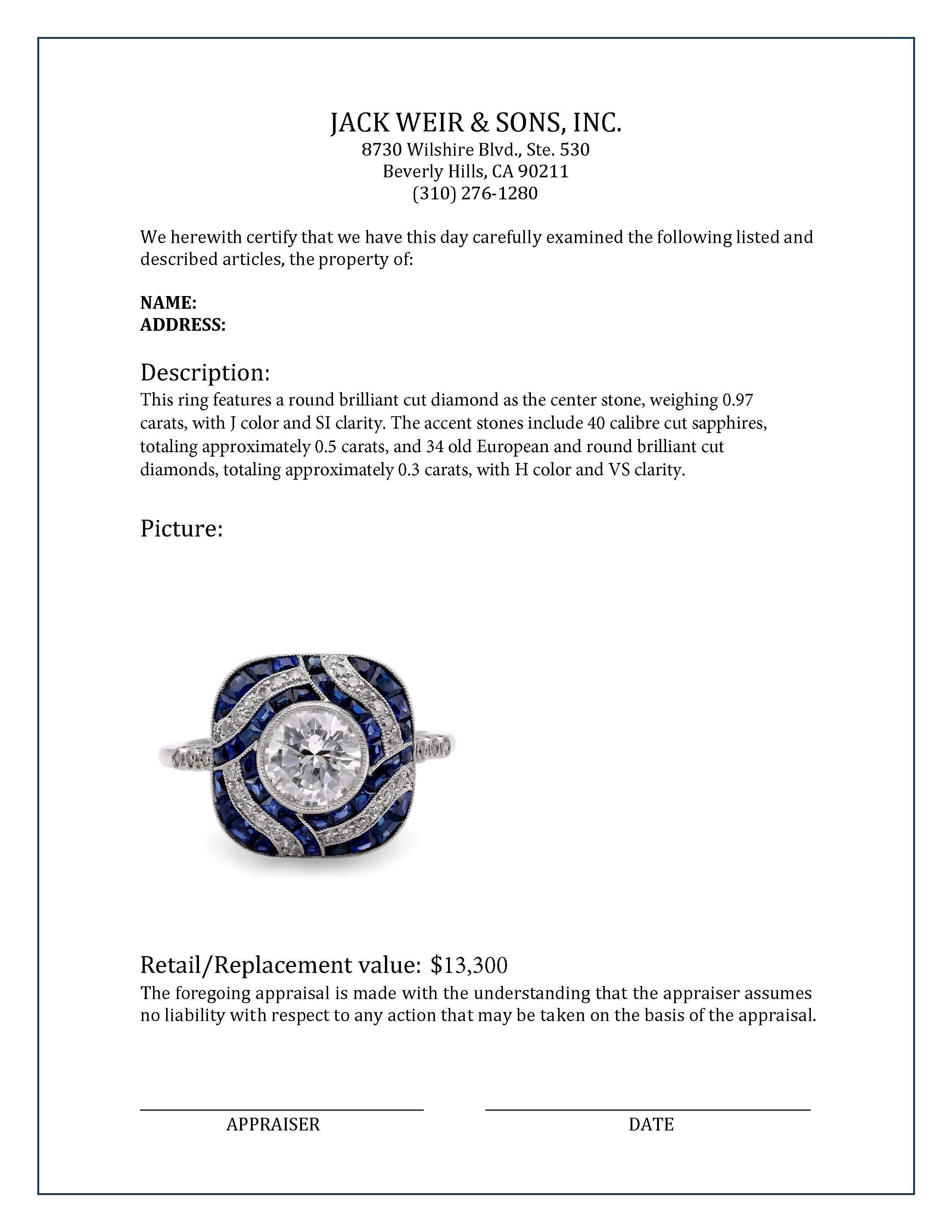 Art Deco Inspired Diamond Sapphire Platinum Ring In Excellent Condition For Sale In Beverly Hills, CA