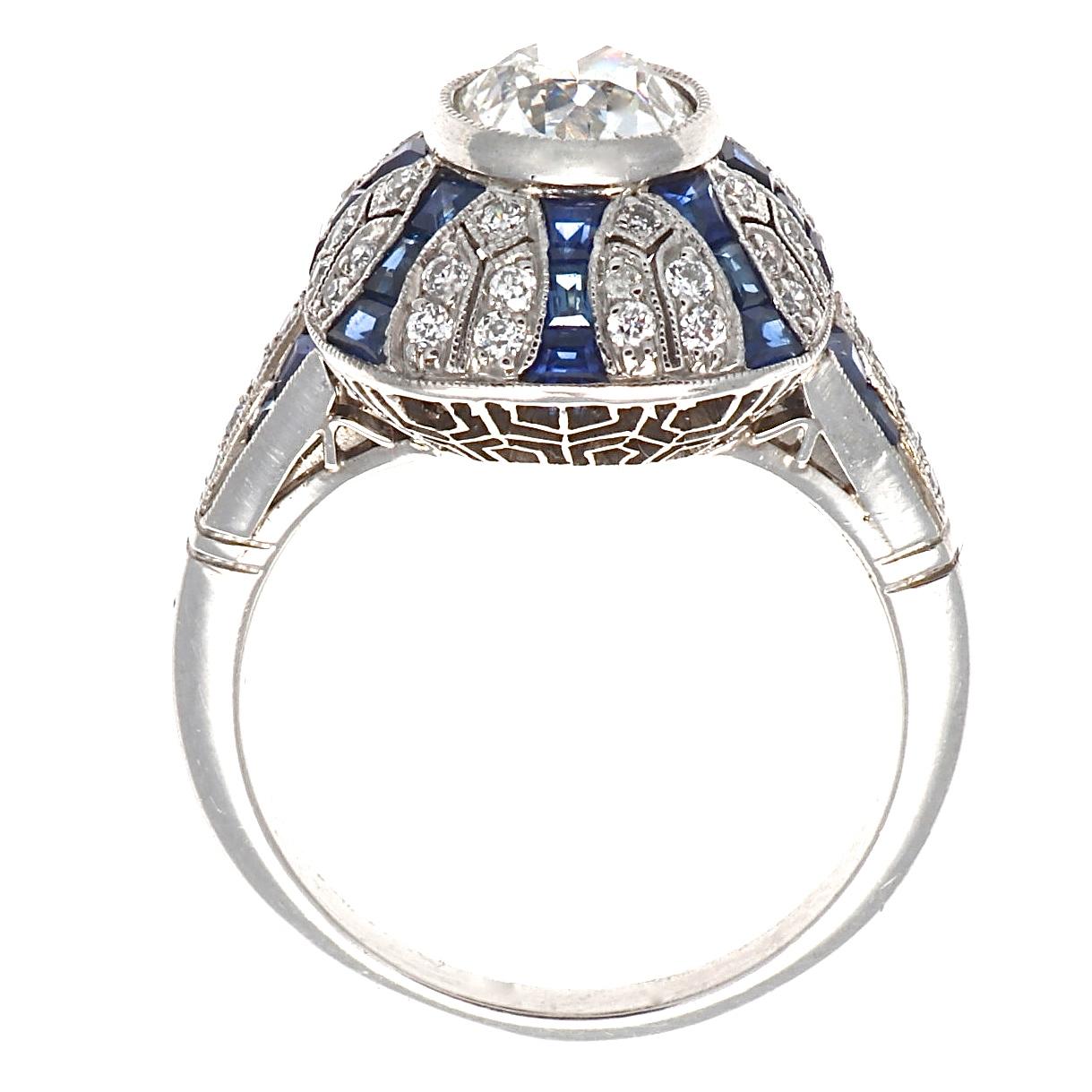 Art Deco Inspired Diamond Sapphire Platinum Ring In New Condition In Beverly Hills, CA