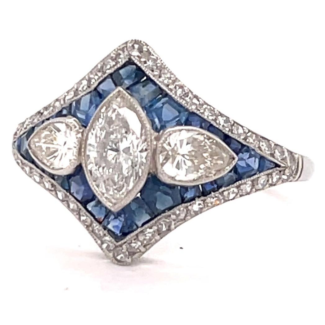 Women's or Men's Art Deco Inspired Diamond Sapphire Platinum Ring