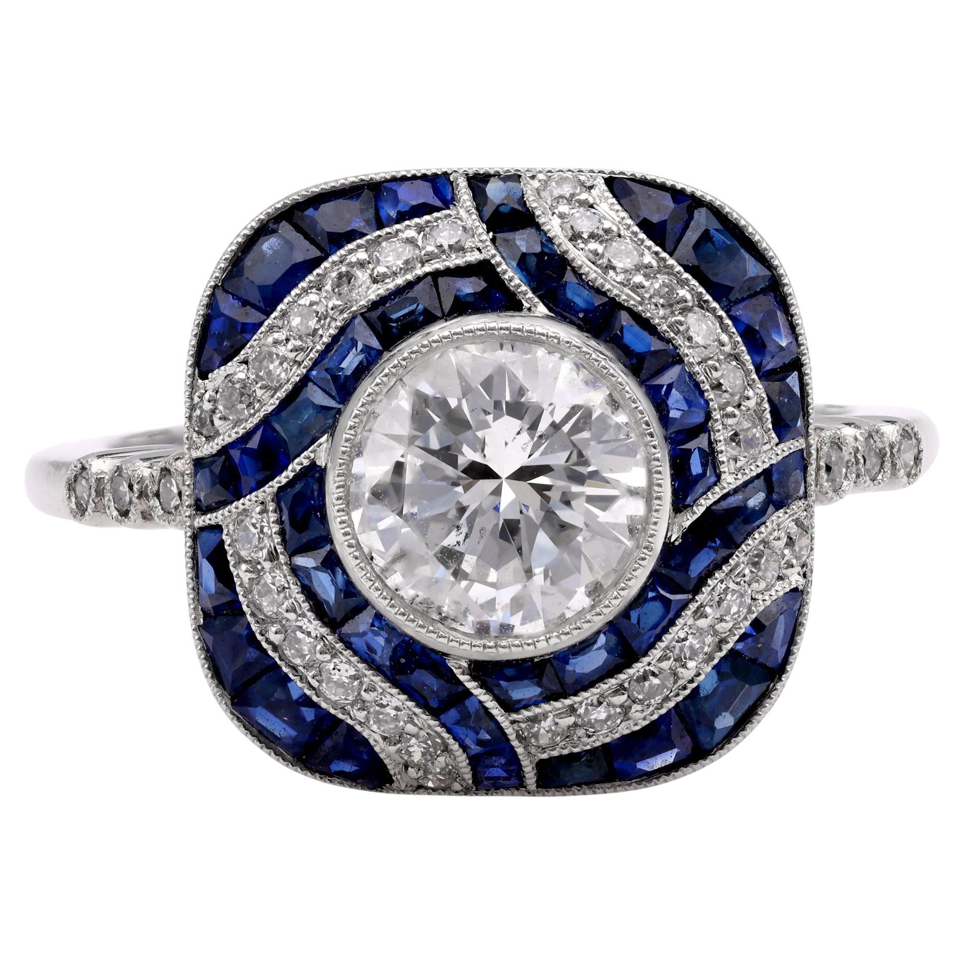 Art Deco Inspired Diamond Sapphire Platinum Ring