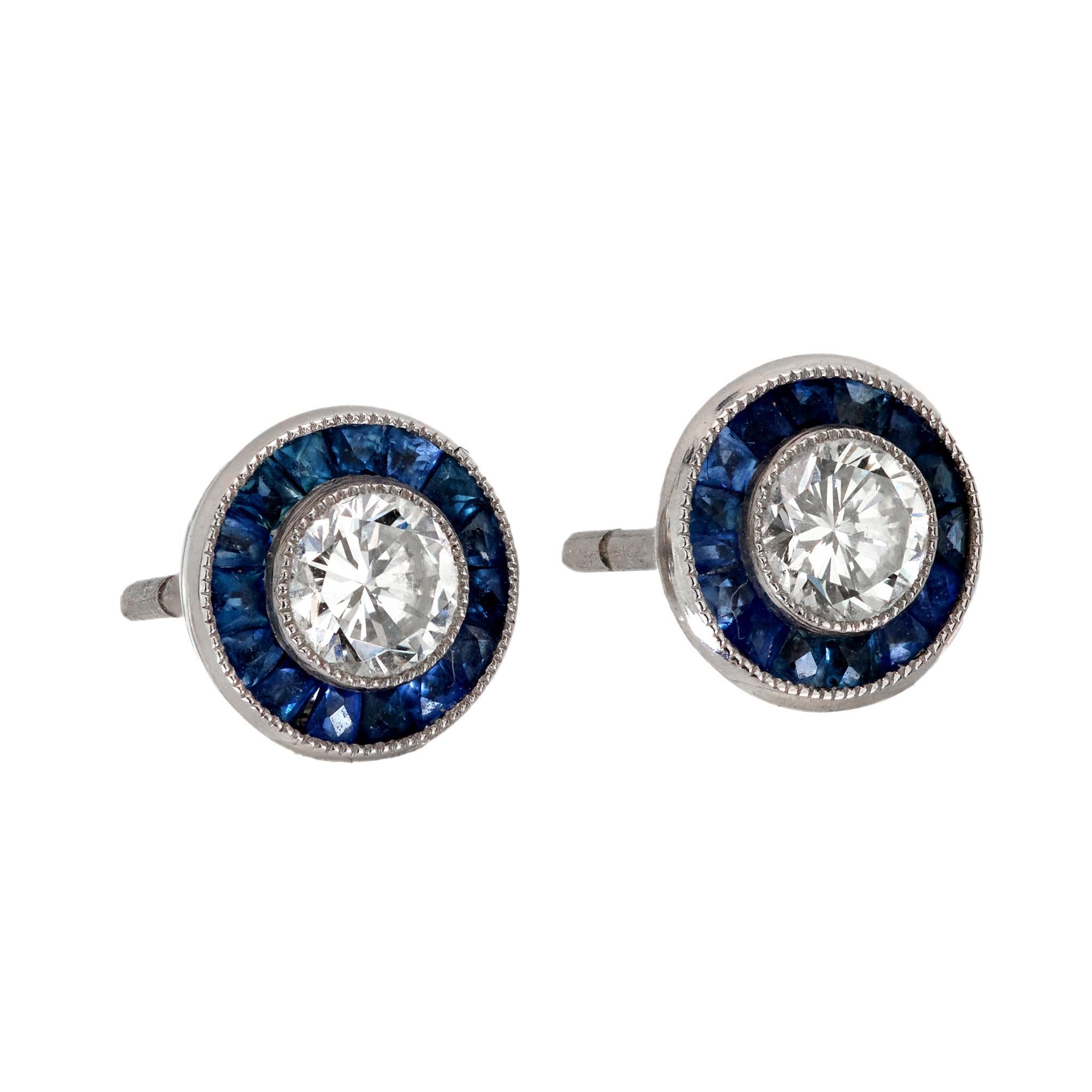 Uncut Art Deco inspired diamond sapphire platinum target stud earrings For Sale