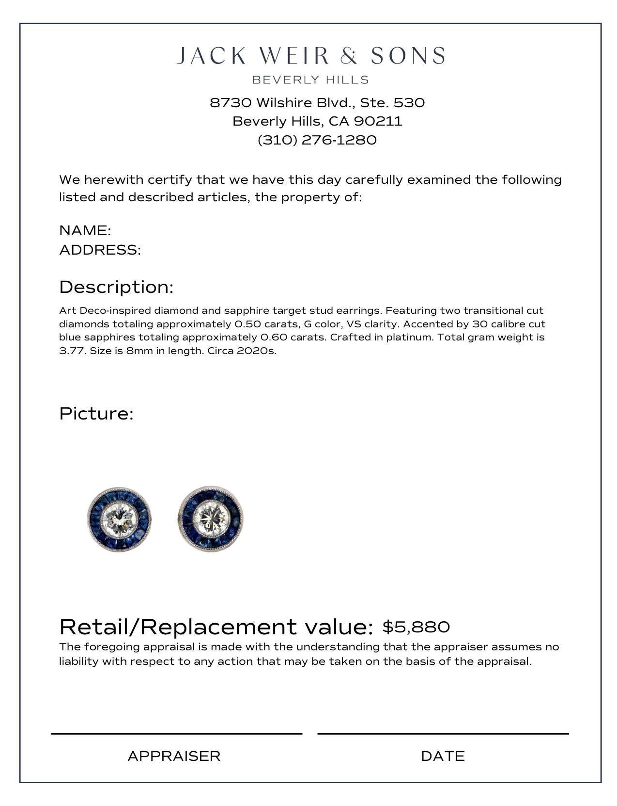 Art Deco inspired diamond sapphire platinum target stud earrings In Excellent Condition For Sale In Beverly Hills, CA