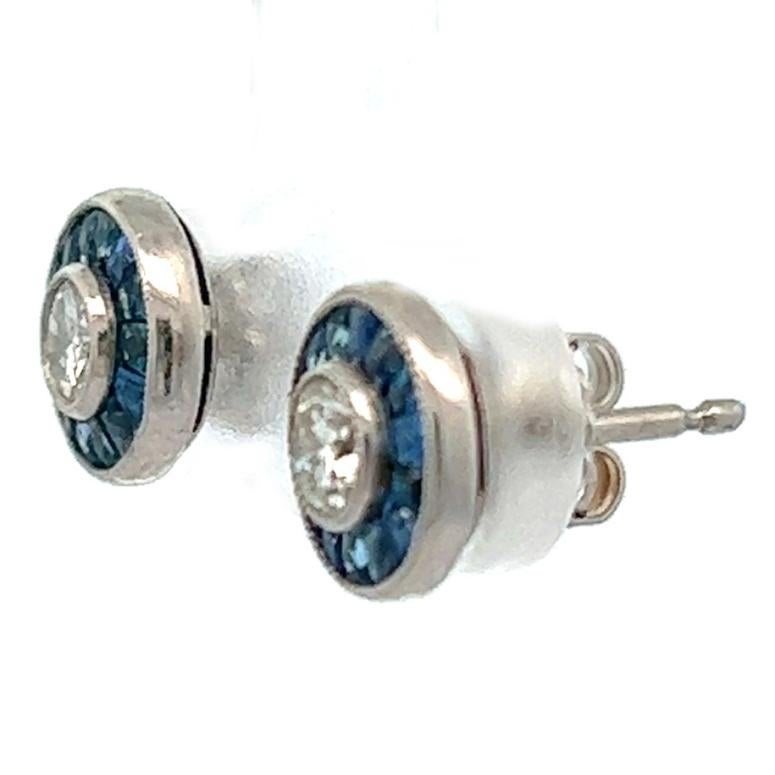 Brilliant Cut Art Deco Inspired Diamond Sapphire Platinum Target Stud Earrings