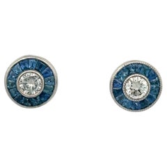 Art Deco Inspired Diamond Sapphire Platinum Target Stud Earrings