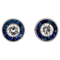 Art Deco inspired diamond sapphire platinum target stud earrings