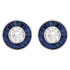 Art Deco Inspired Diamond Sapphire Platinum Target Studs
