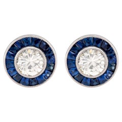 Art Deco Inspired Diamond Sapphire Platinum Target Studs