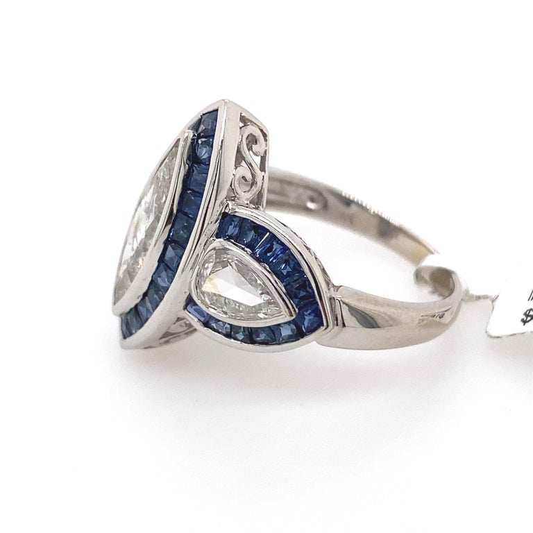 Art Deco Inspired Diamond and Sapphire Ring 18 Karat White Gold at 1stDibs