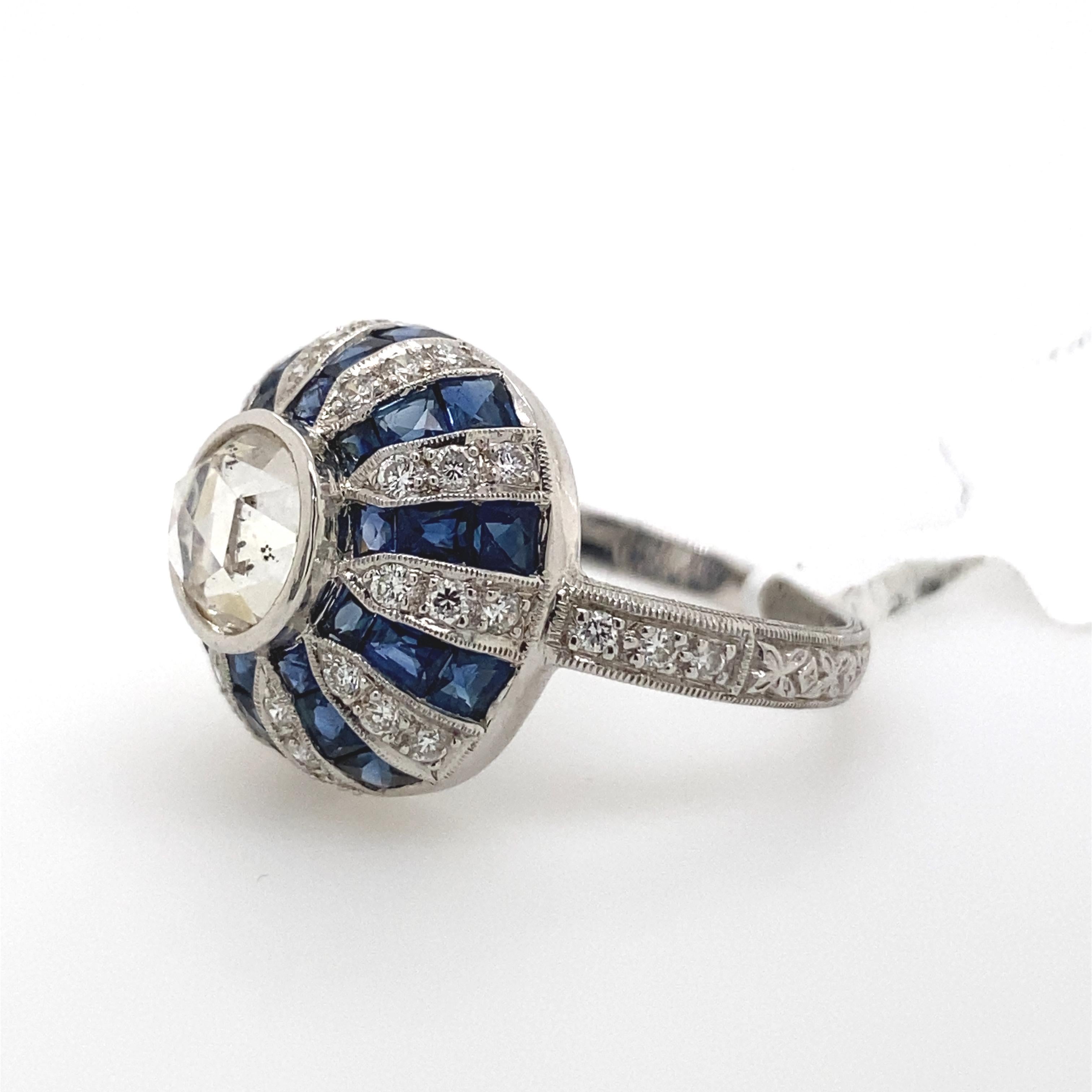 Rose Cut Art Deco Inspired Diamond & Sapphire Ring 18k White Gold For Sale