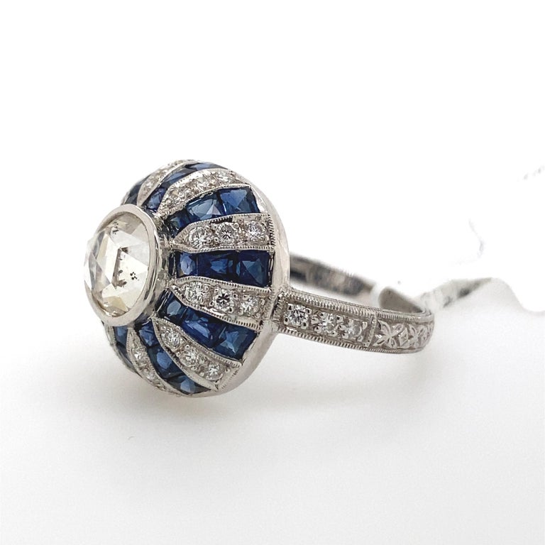 Art Deco Inspired Diamond and Sapphire Ring 18k White Gold For Sale at