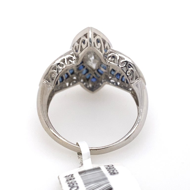 Art Deco Inspired Diamond and Sapphire Ring 18 Karat White Gold at 1stDibs