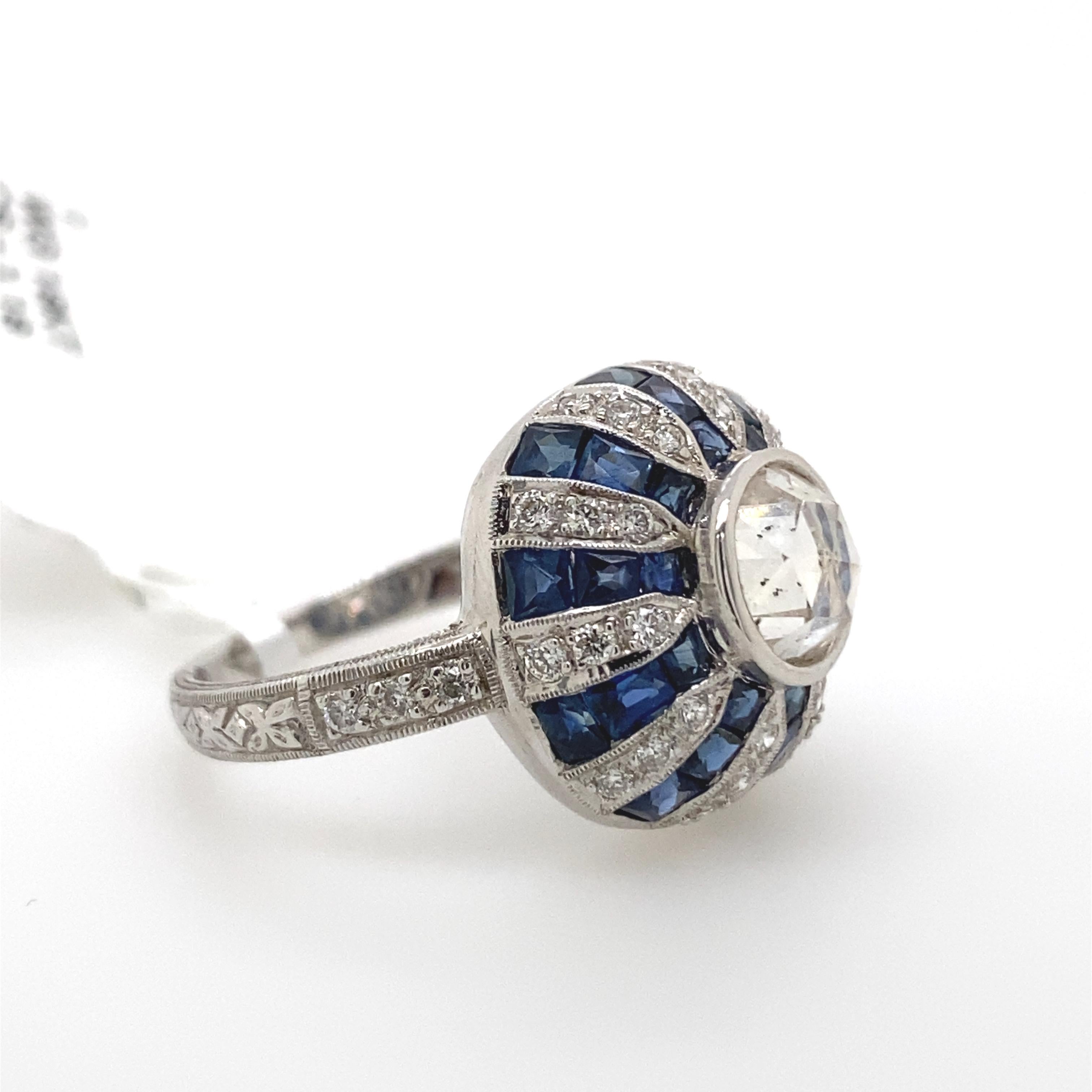 Art Deco inspirierter Diamant & Saphir Ring 18k Weißgold (Rosenschliff) im Angebot