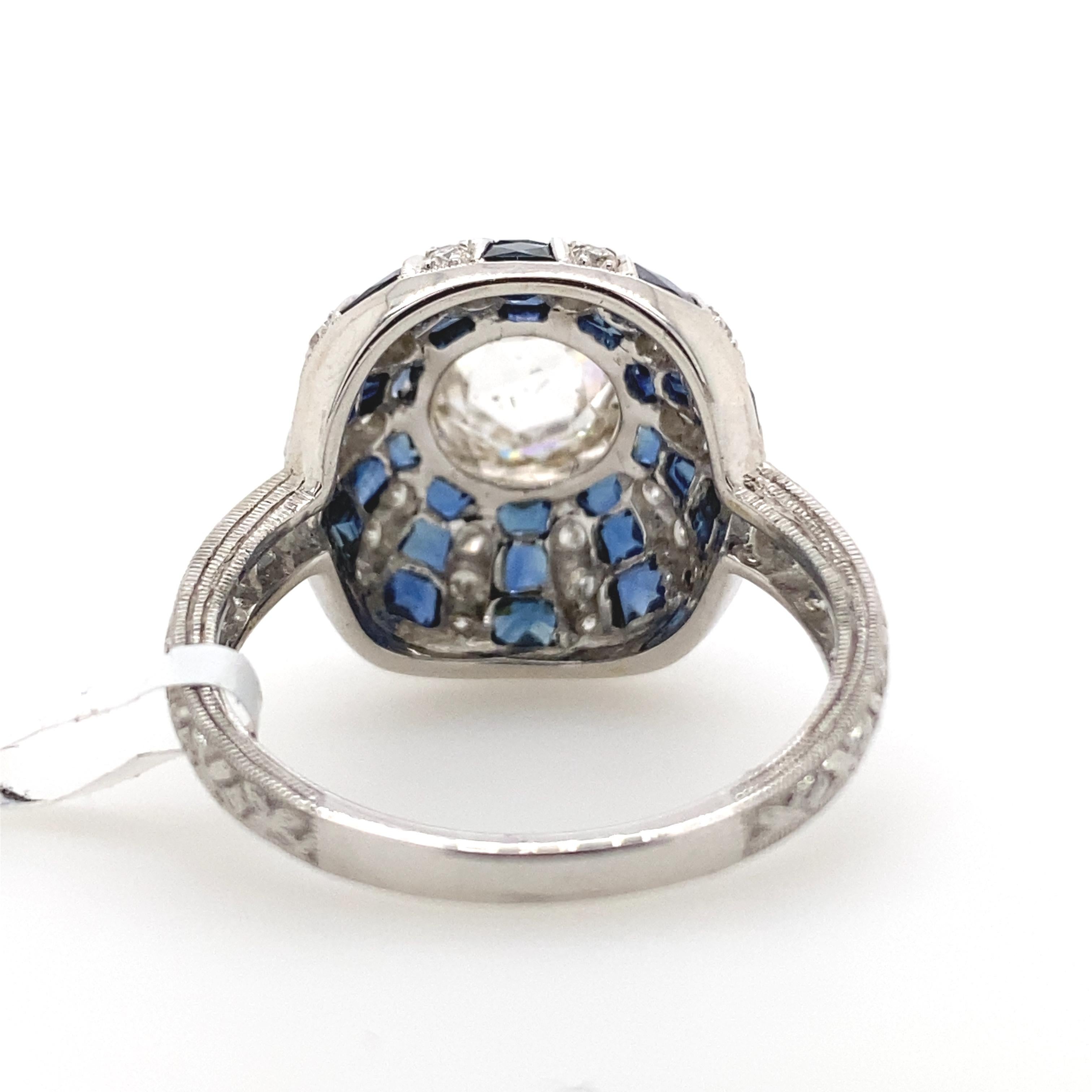 Women's or Men's Art Deco Inspired Diamond & Sapphire Ring 18k White Gold For Sale