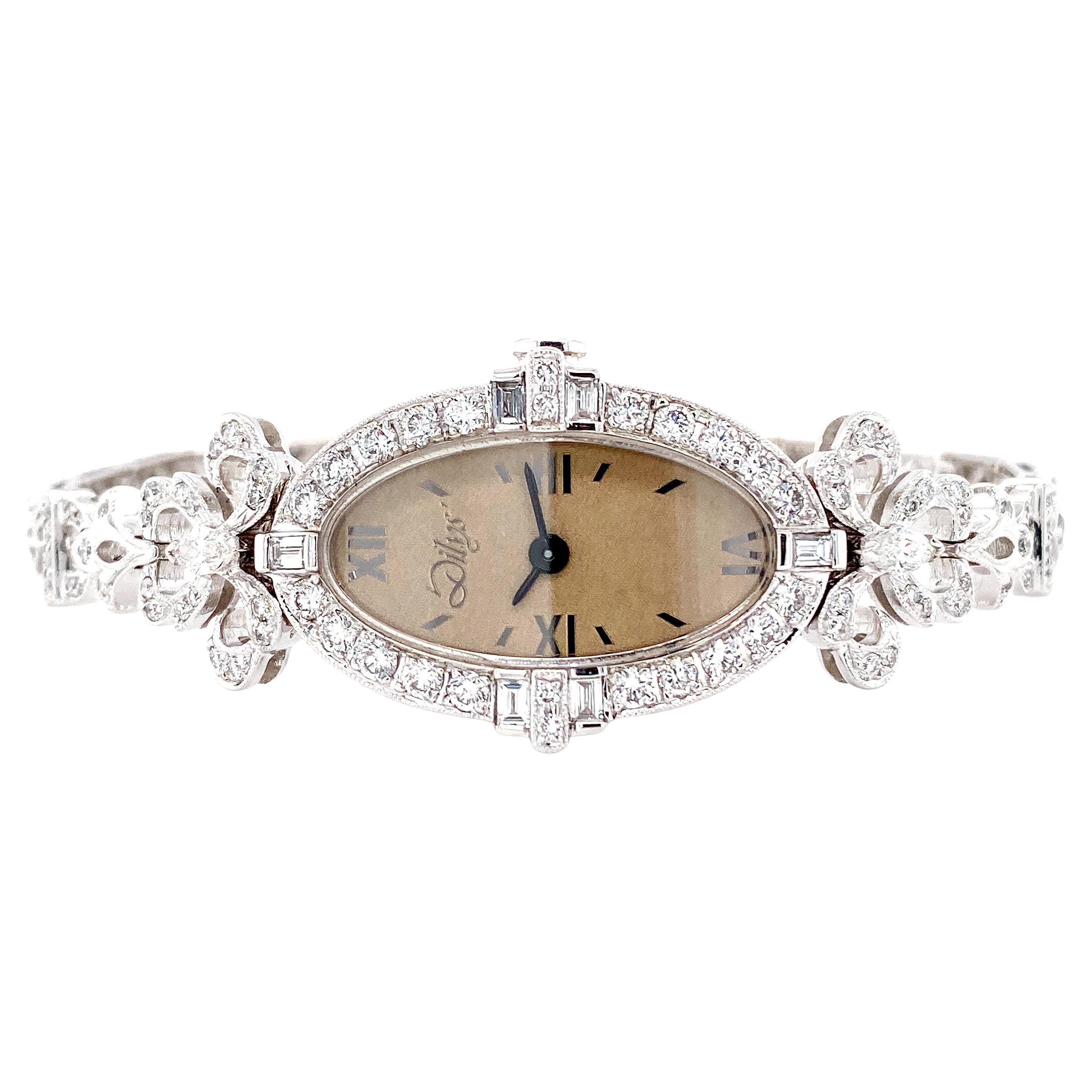 Art Deco Inspired Diamond Swiss Quartz Movement Watch in 18 Karat Gold For Sale