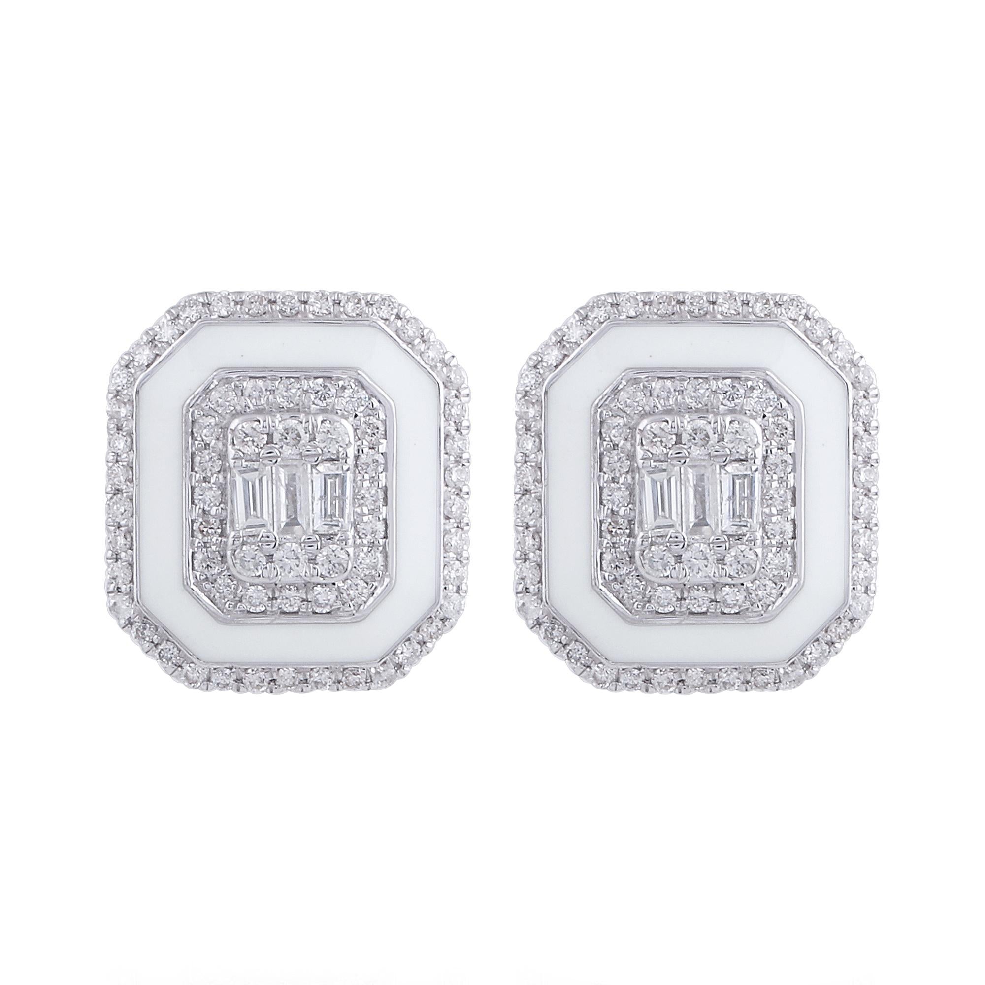 Boucles d'oreilles d'inspiration Art Déco en or blanc massif 14k avec diamant et émail halo blanc
