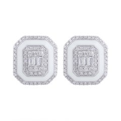 Boucles d'oreilles d'inspiration Art Déco en or blanc massif 14k avec diamant et émail halo blanc