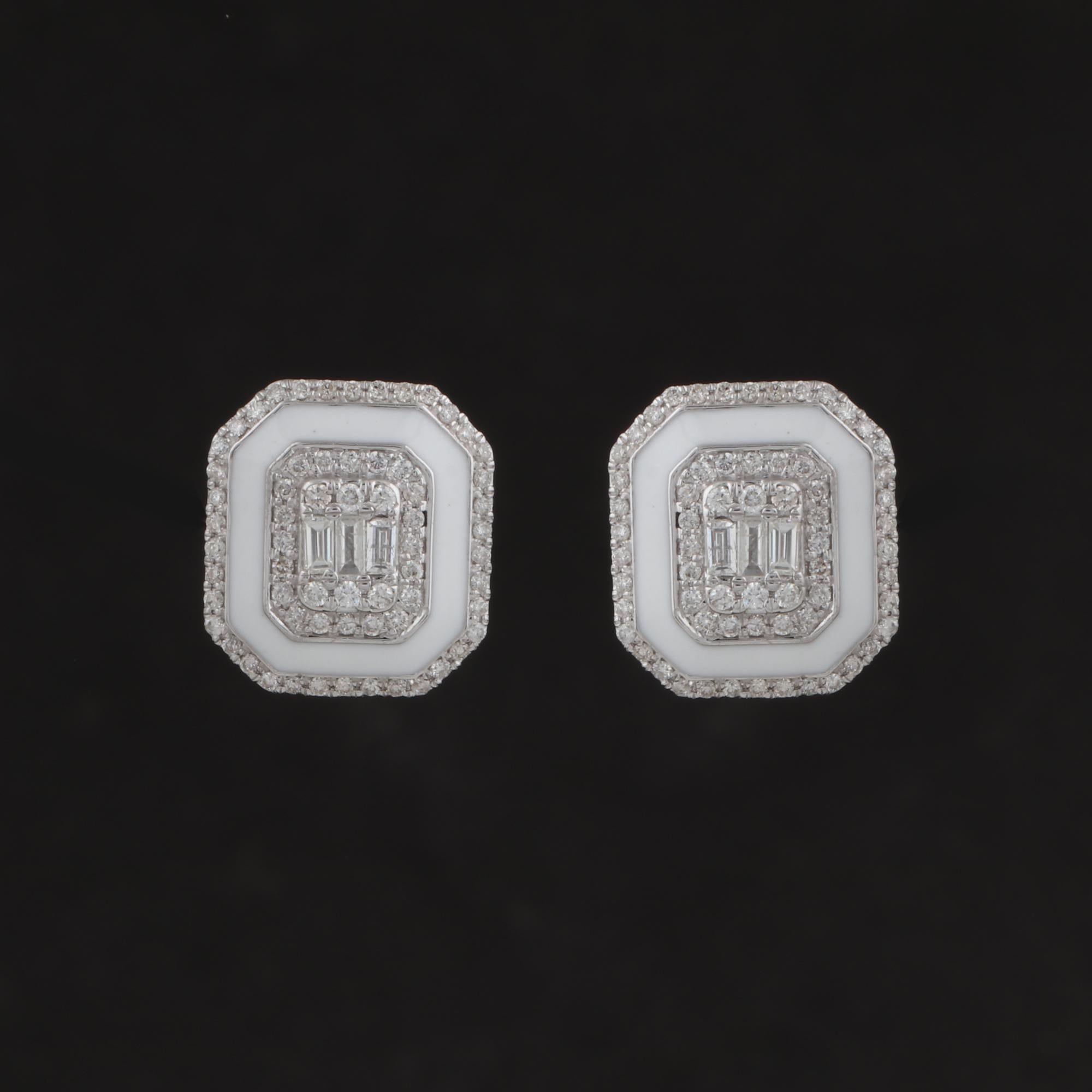 Mixed Cut Art Deco Inspired Diamond White Halo Enamel Stud Earrings 18k Solid White Gold For Sale
