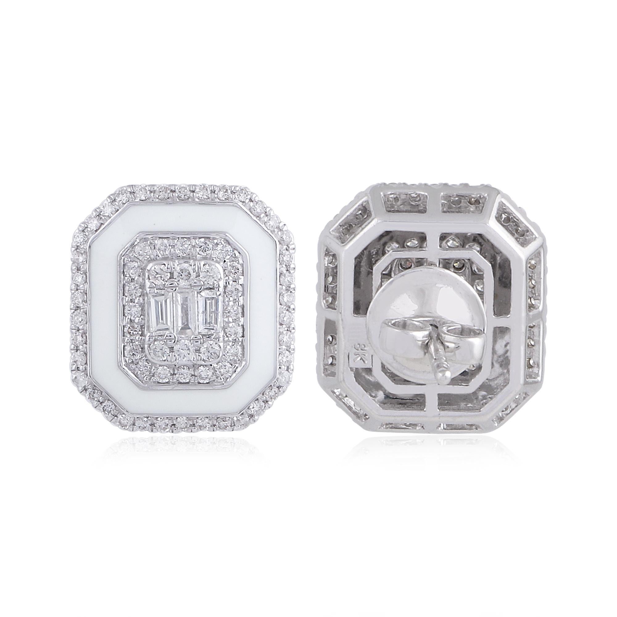 Art Deco Inspired Diamond White Halo Enamel Stud Earrings 18k Solid White Gold In New Condition For Sale In Diera, Dubai