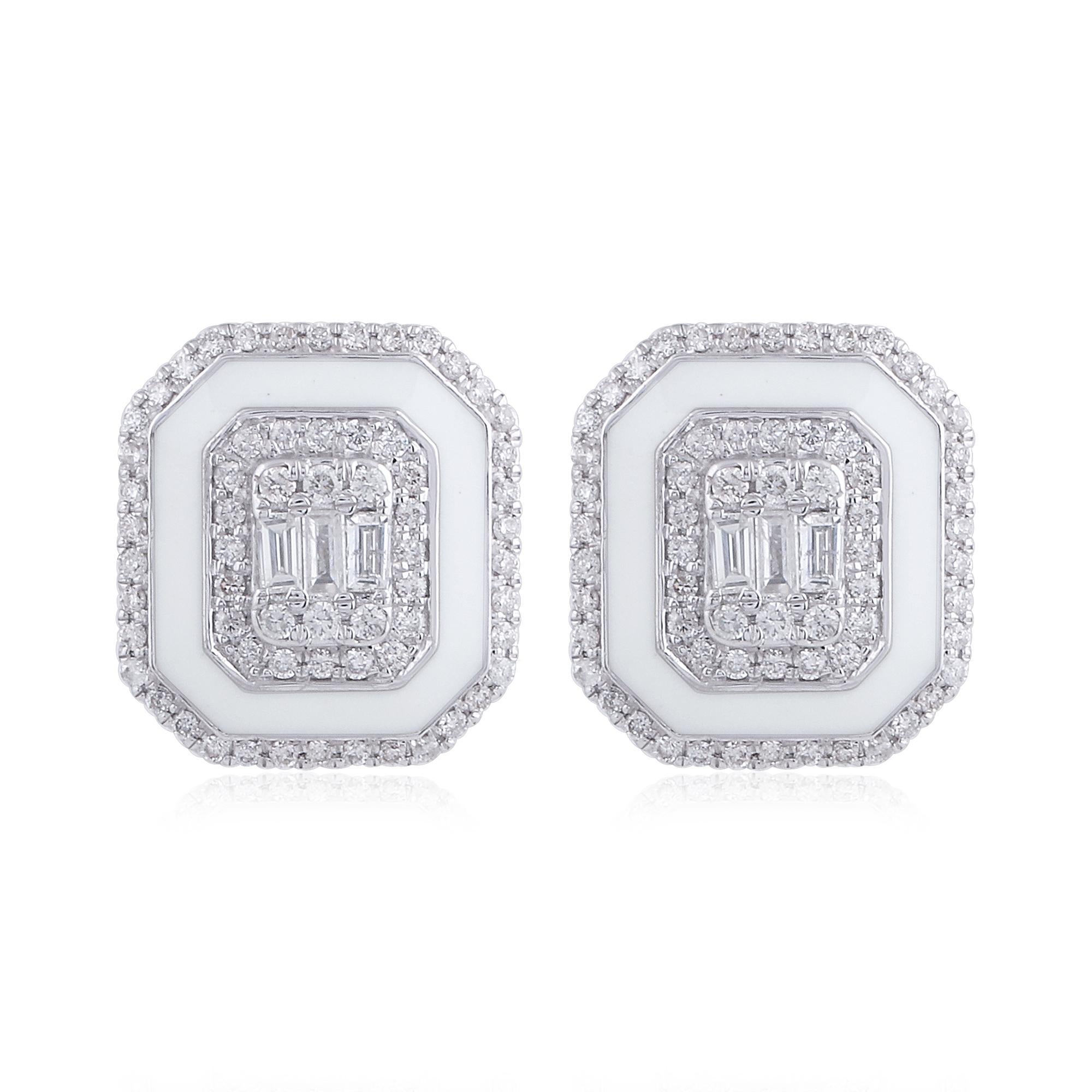 Orecchini con diamante e smalto aureolato bianco di ispirazione Art Deco in oro bianco massiccio 18 carati