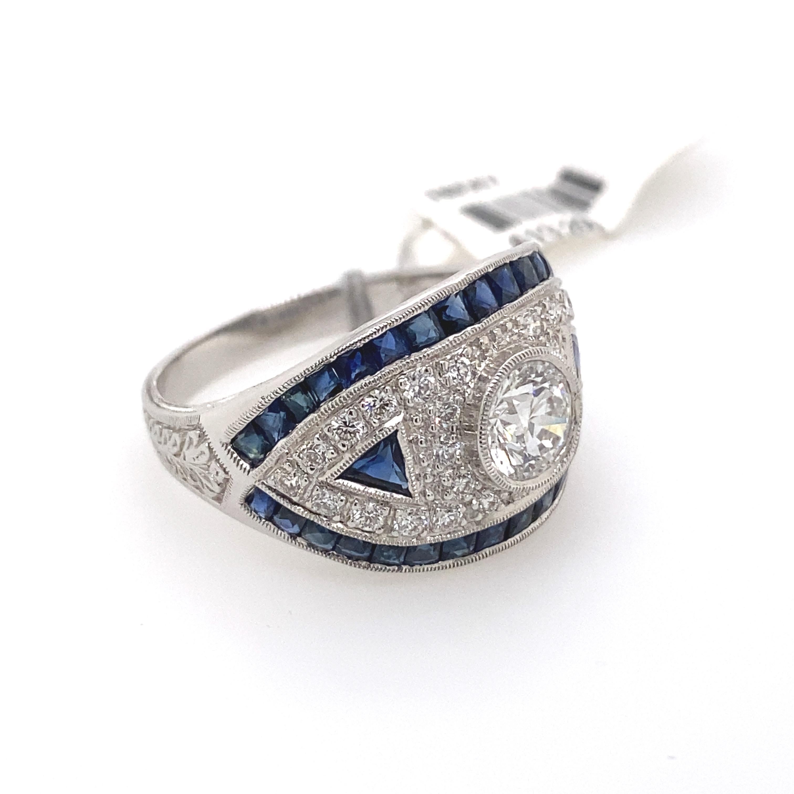 Round Cut Art Deco Inspired Diamond with Sapphire Ring 18 Karat White Gold For Sale