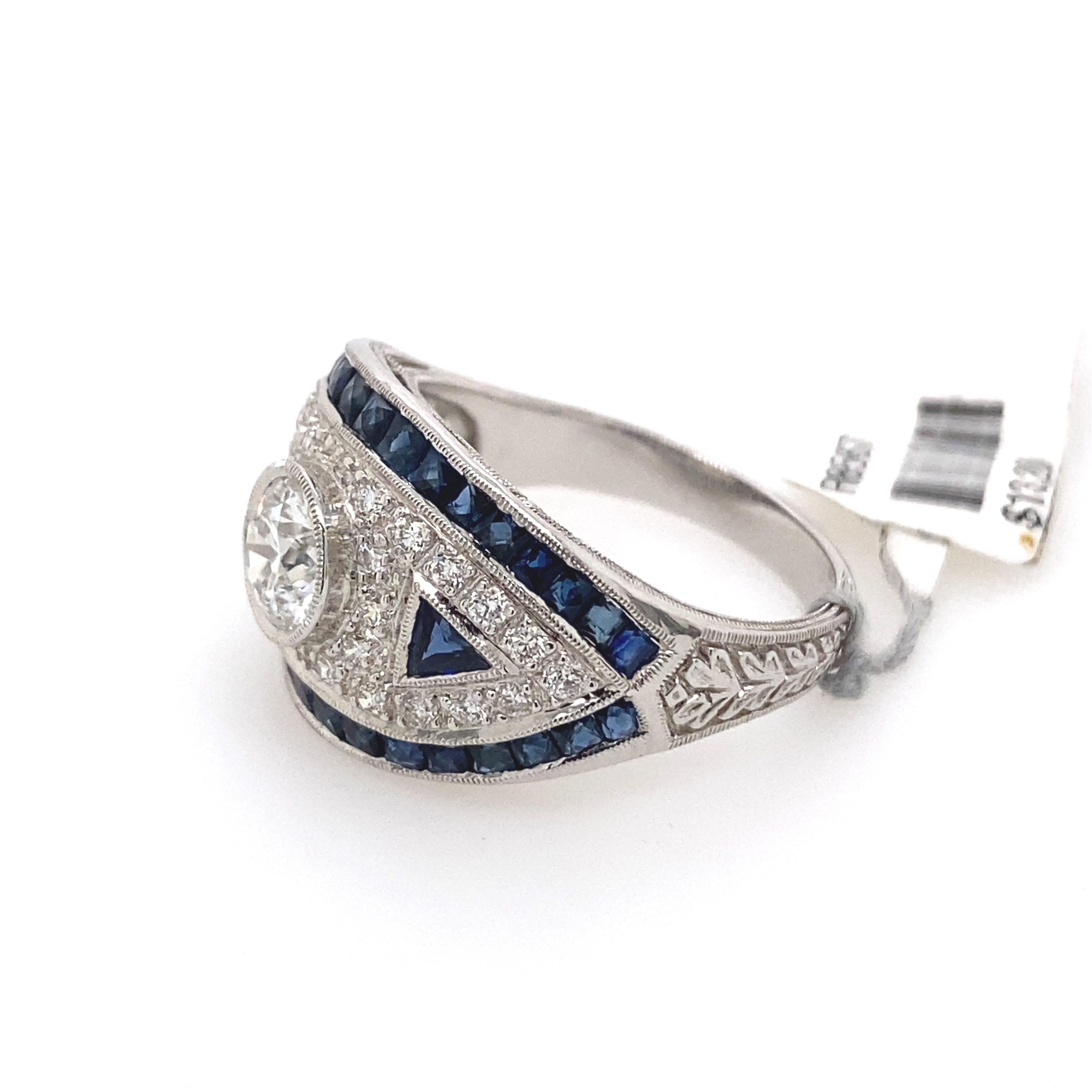 Art-Déco-inspirierter Diamant-Ring mit Saphir 18 Karat Weißgold (Rundschliff) im Angebot