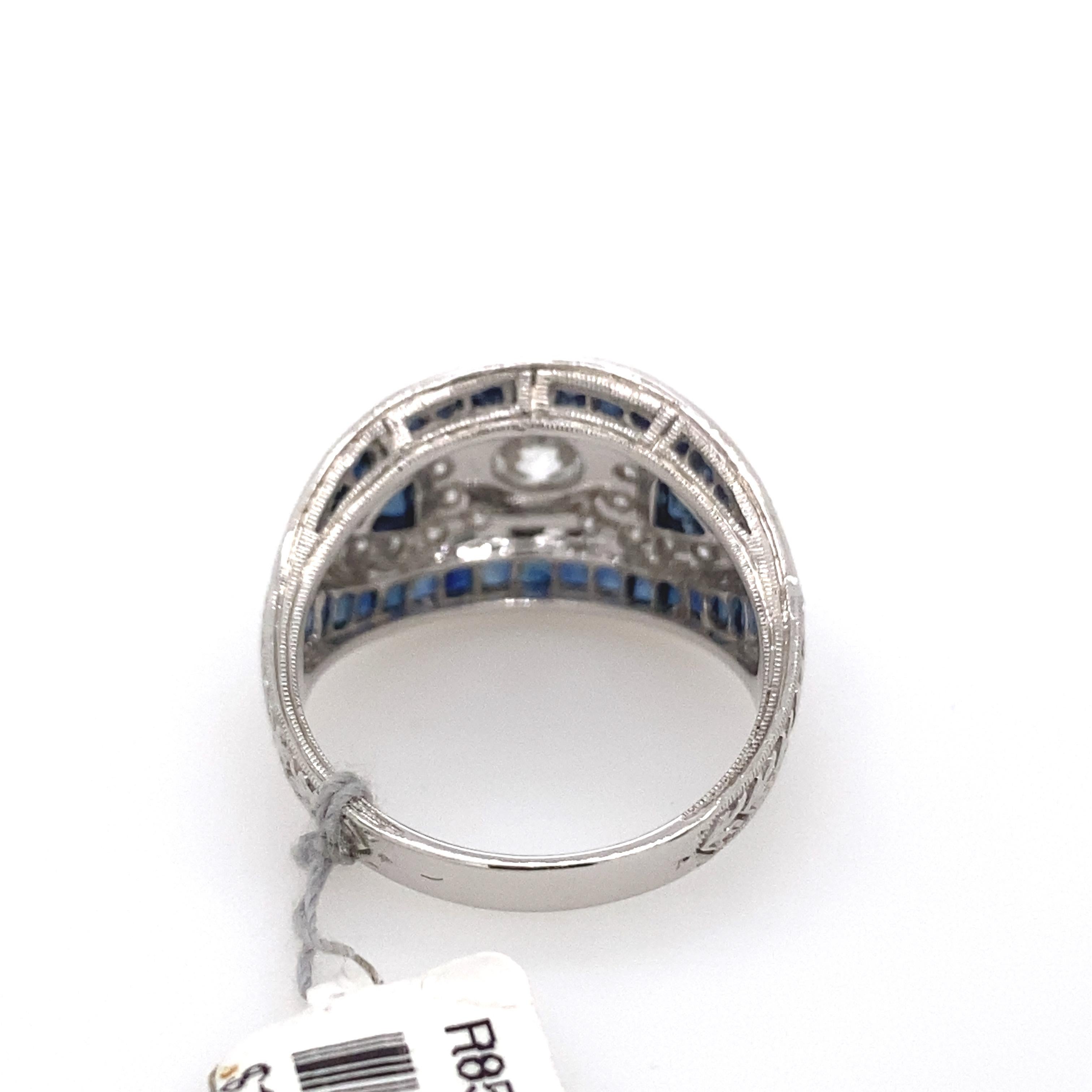Women's or Men's Art Deco Inspired Diamond with Sapphire Ring 18 Karat White Gold For Sale