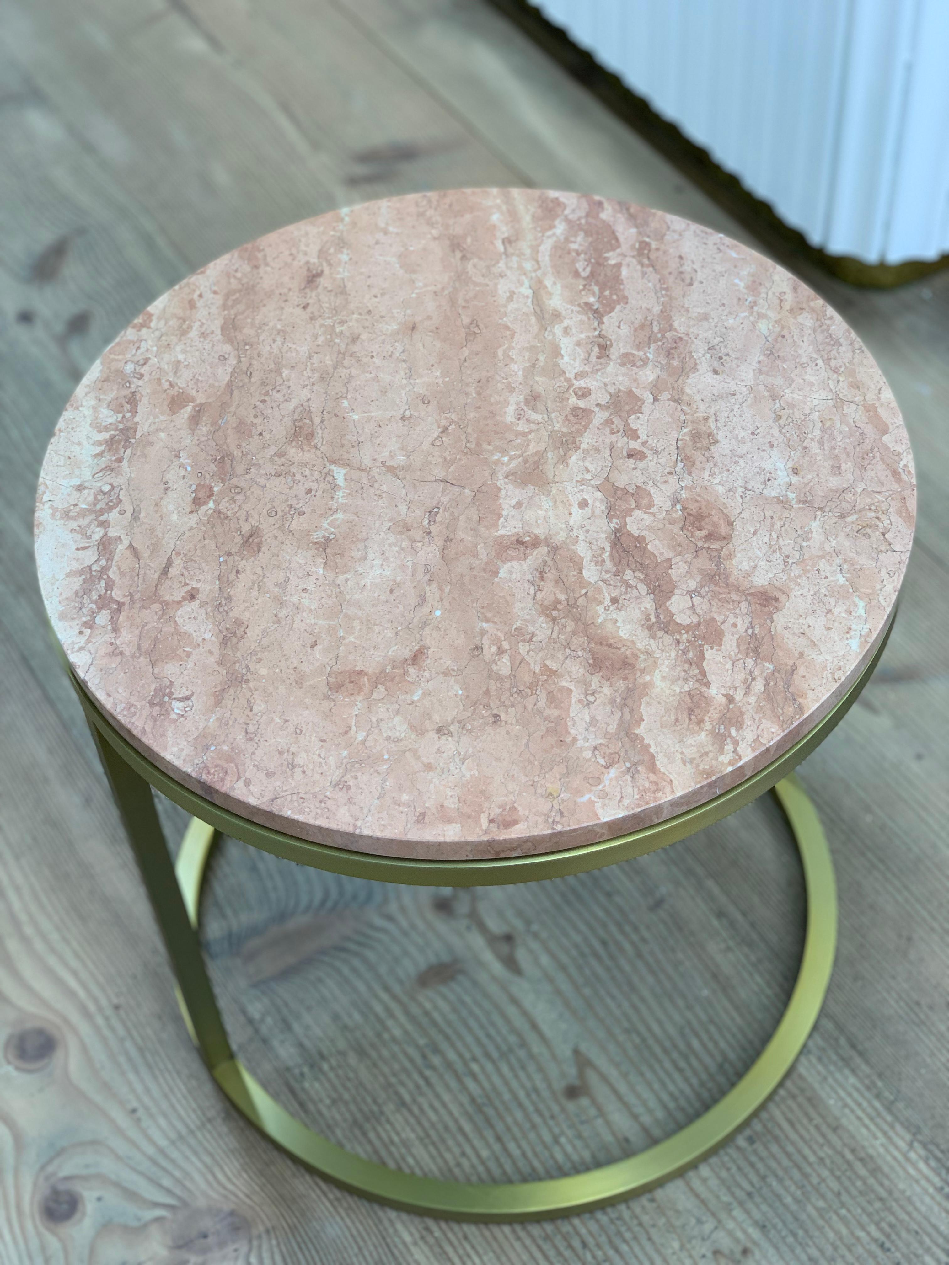 Stainless Steel Art Deco Inspired Diana Round Coffee Table in Brass Tinted and Pink For Sale