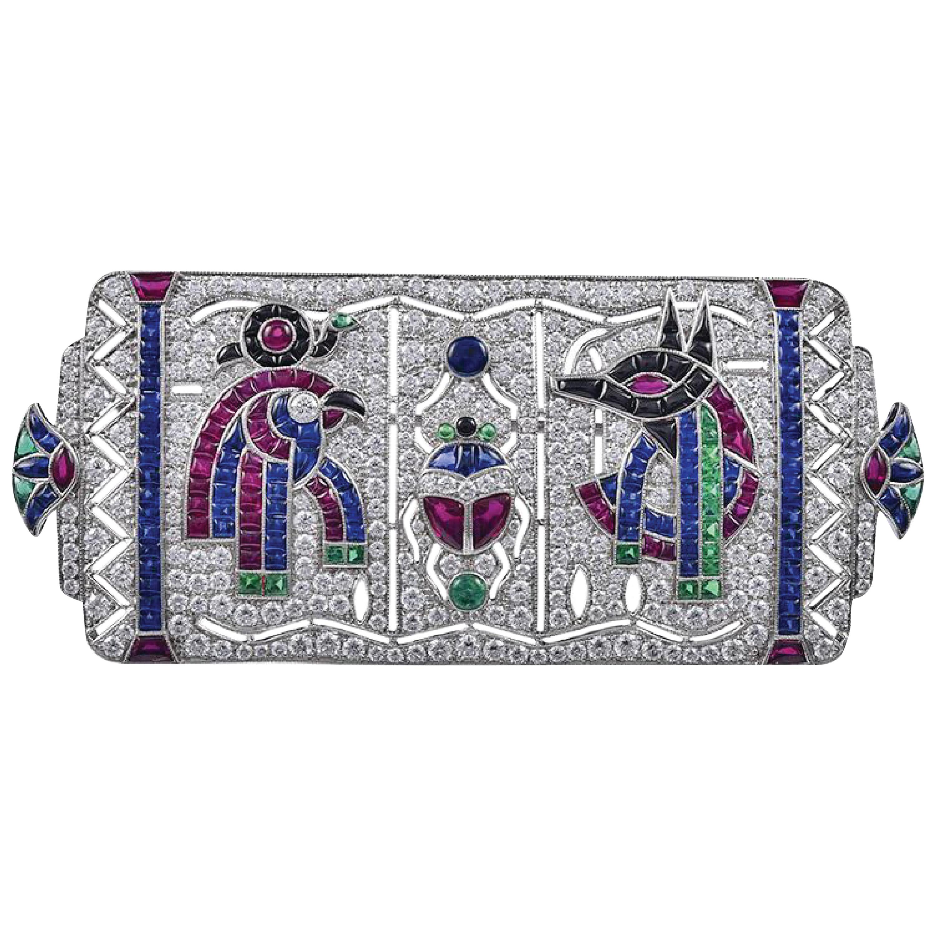 Sophia D, 3.49 Carat Art Deco Egyptian Revival Platinum Brooch For Sale