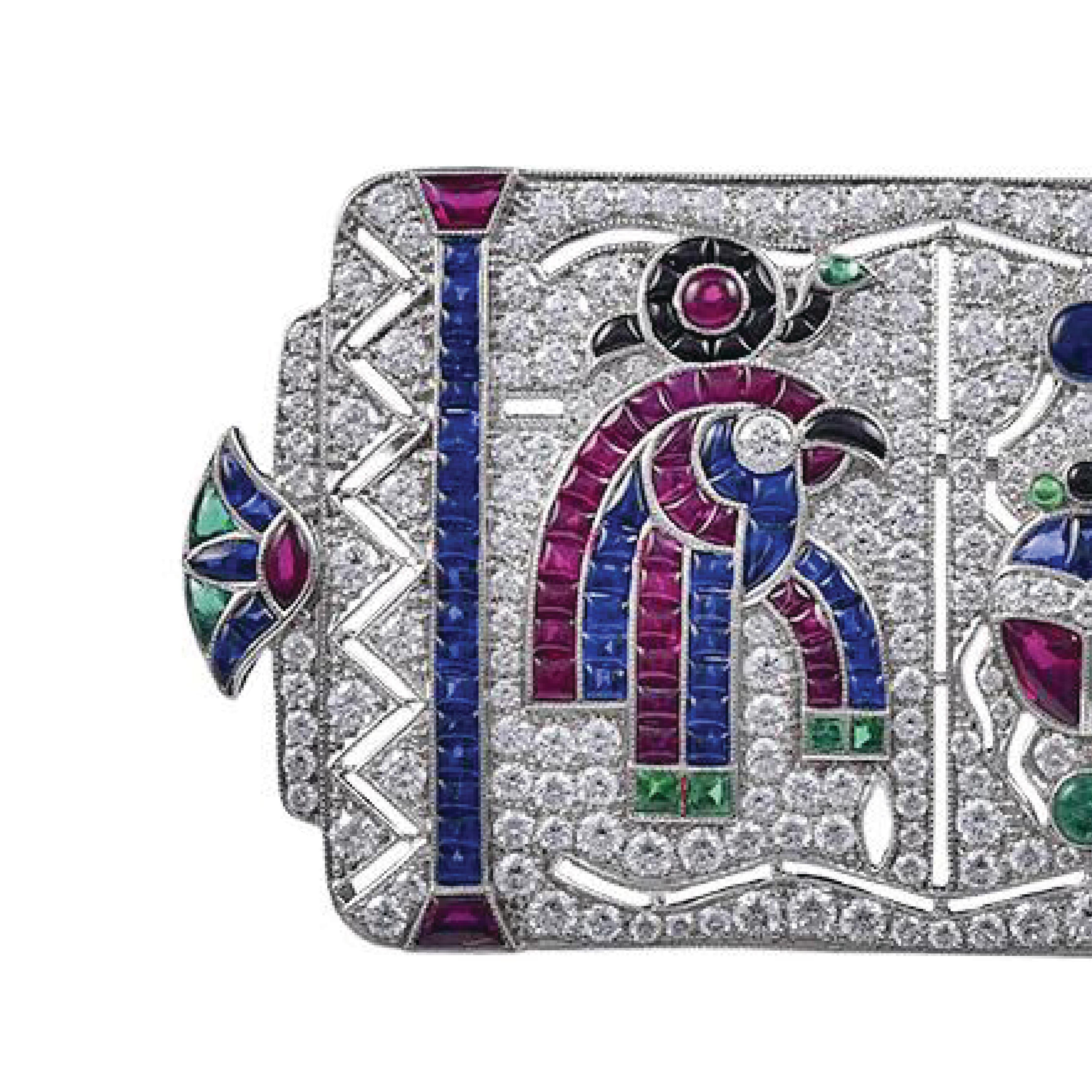 Round Cut Sophia D, 3.49 Carat Art Deco Egyptian Revival Platinum Brooch For Sale