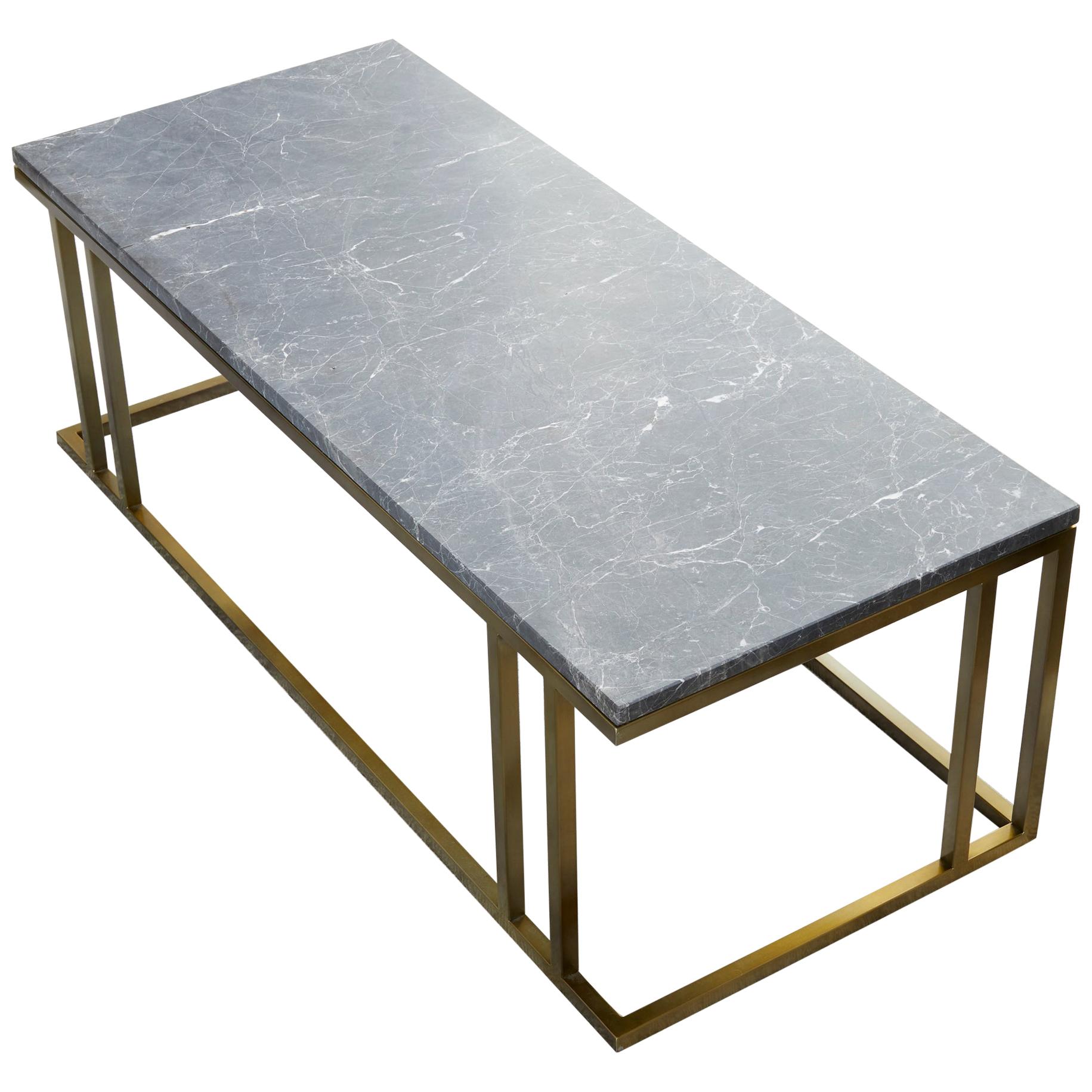 Custom Made Elio Coffee Table in Antique Brass Metal Structure & Marble For Sale