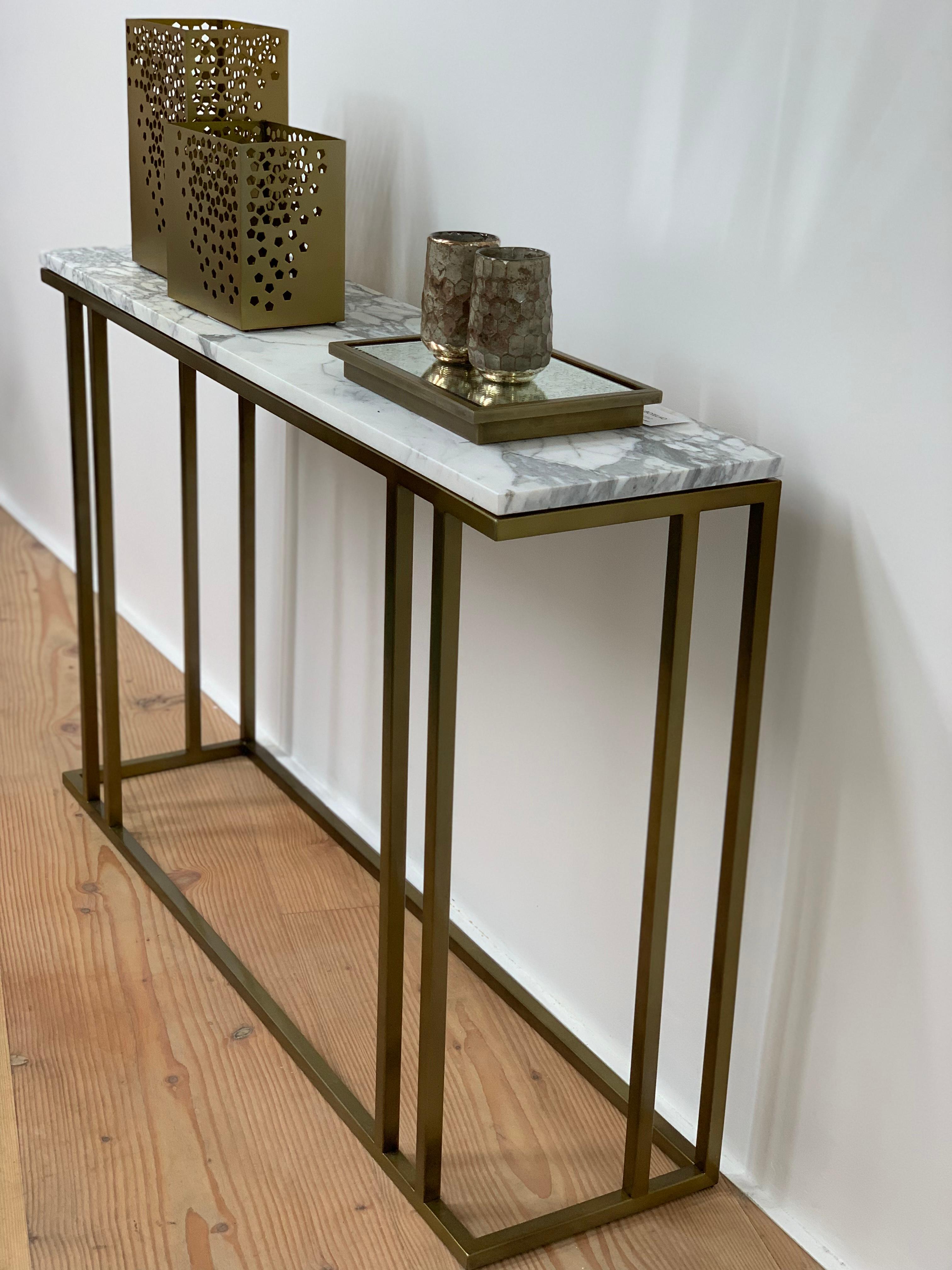 Art Deco Inspired Elio Console in Antique Brass Tint Structure & Marble Surface For Sale 5