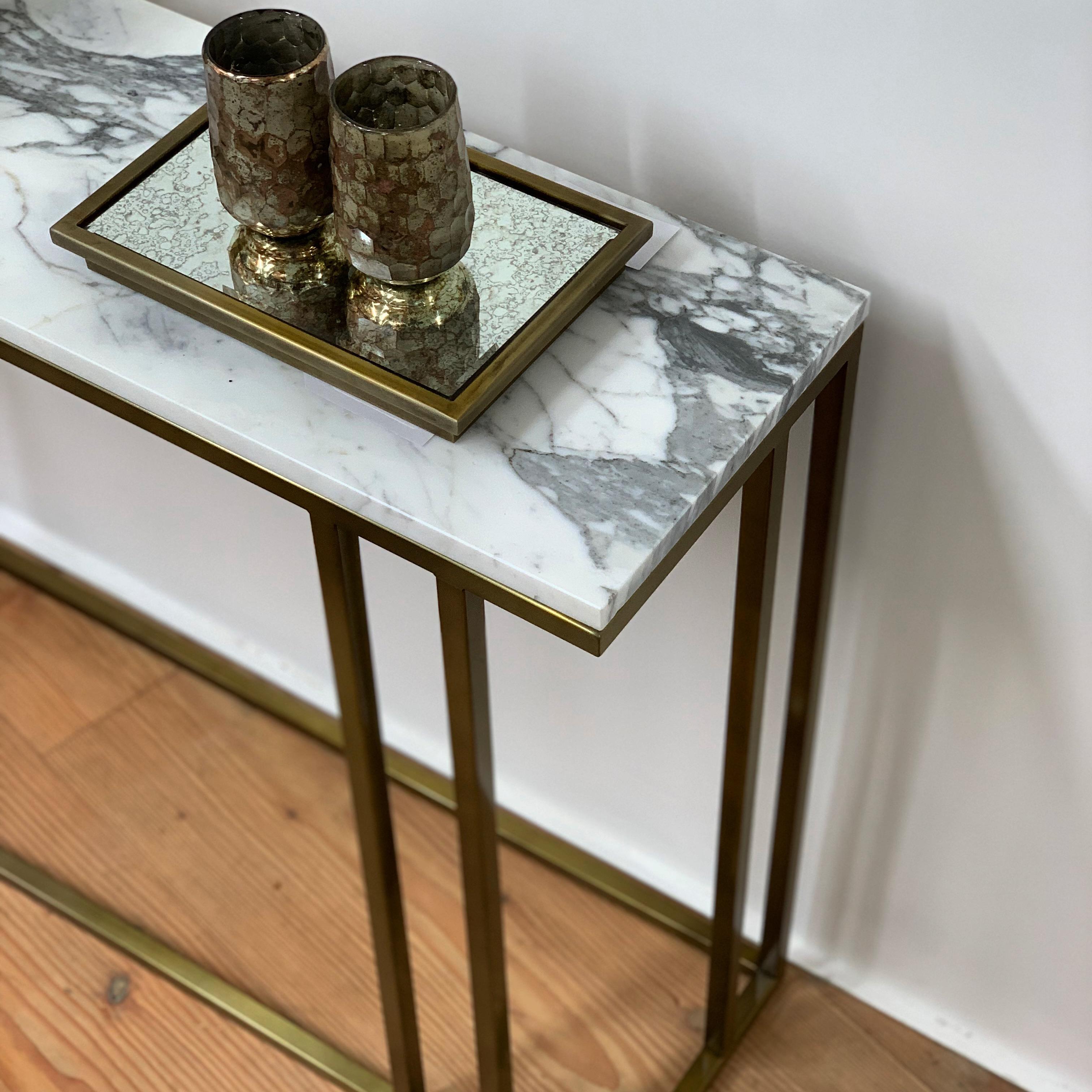 Patinated Art Deco Inspired Elio Console in Antique Brass Tint Structure & Marble Surface For Sale