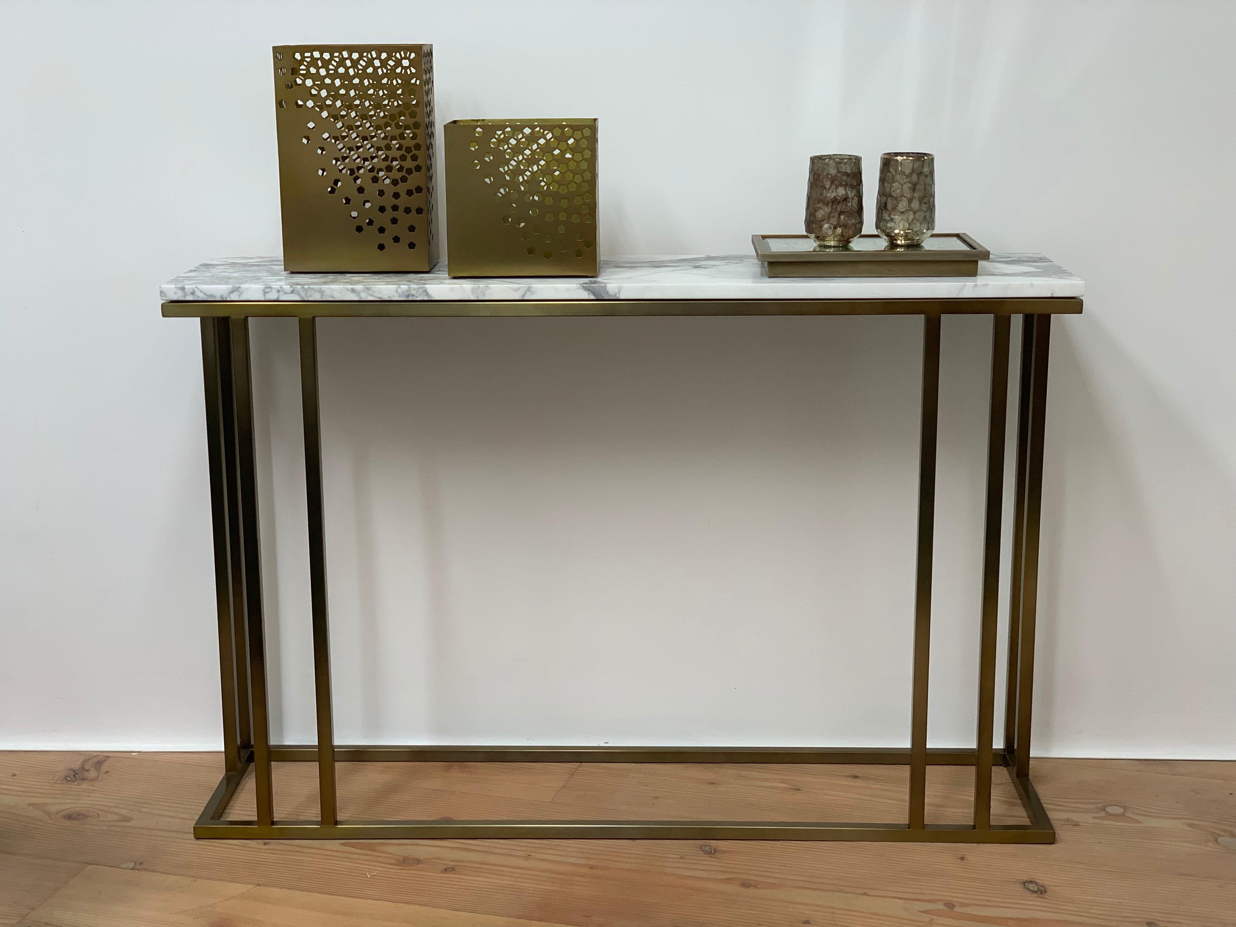 Art Deco Inspired Elio Console in Antique Brass Tint Structure & Marble Surface For Sale 1