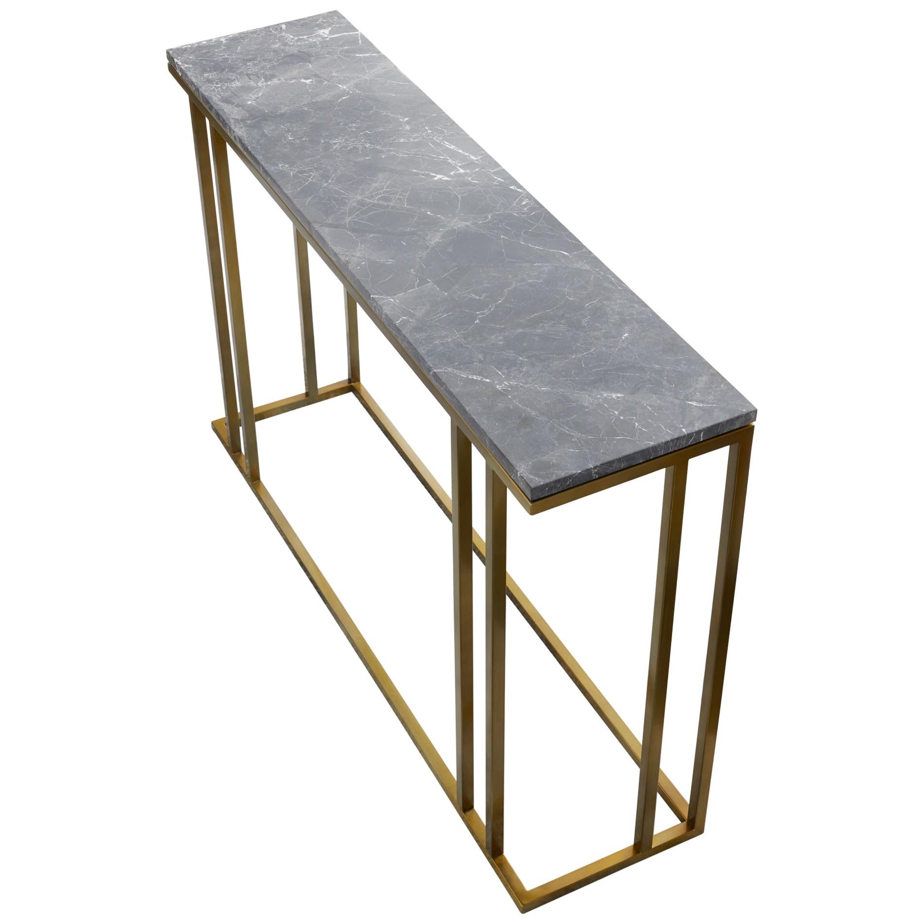 Art Deco Inspired Elio Console in Antique Brass Tint Structure & Marble Surface For Sale