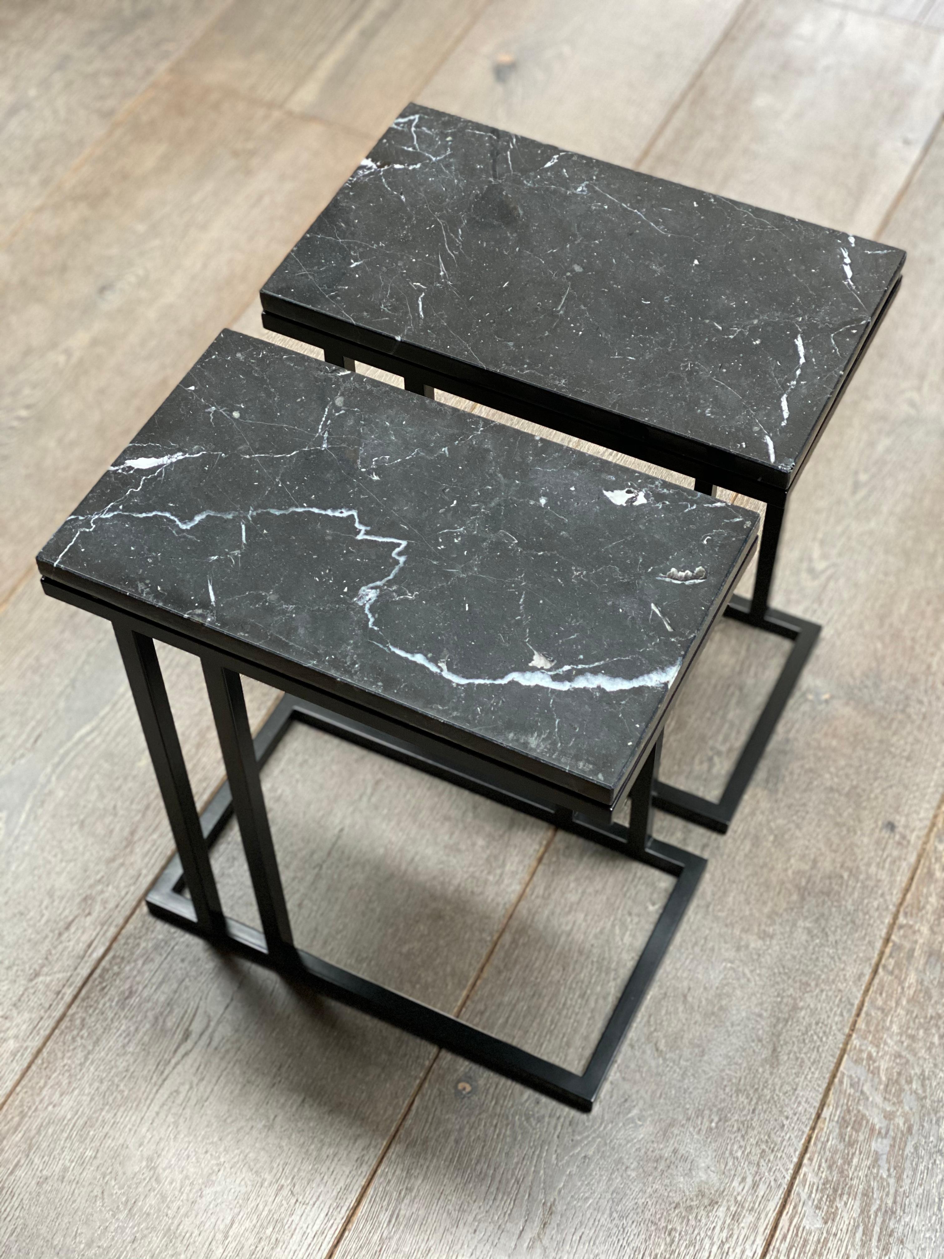 Art Deco Inspired Elio II Slim Side Table Black Powder Coated and Marble For Sale 3