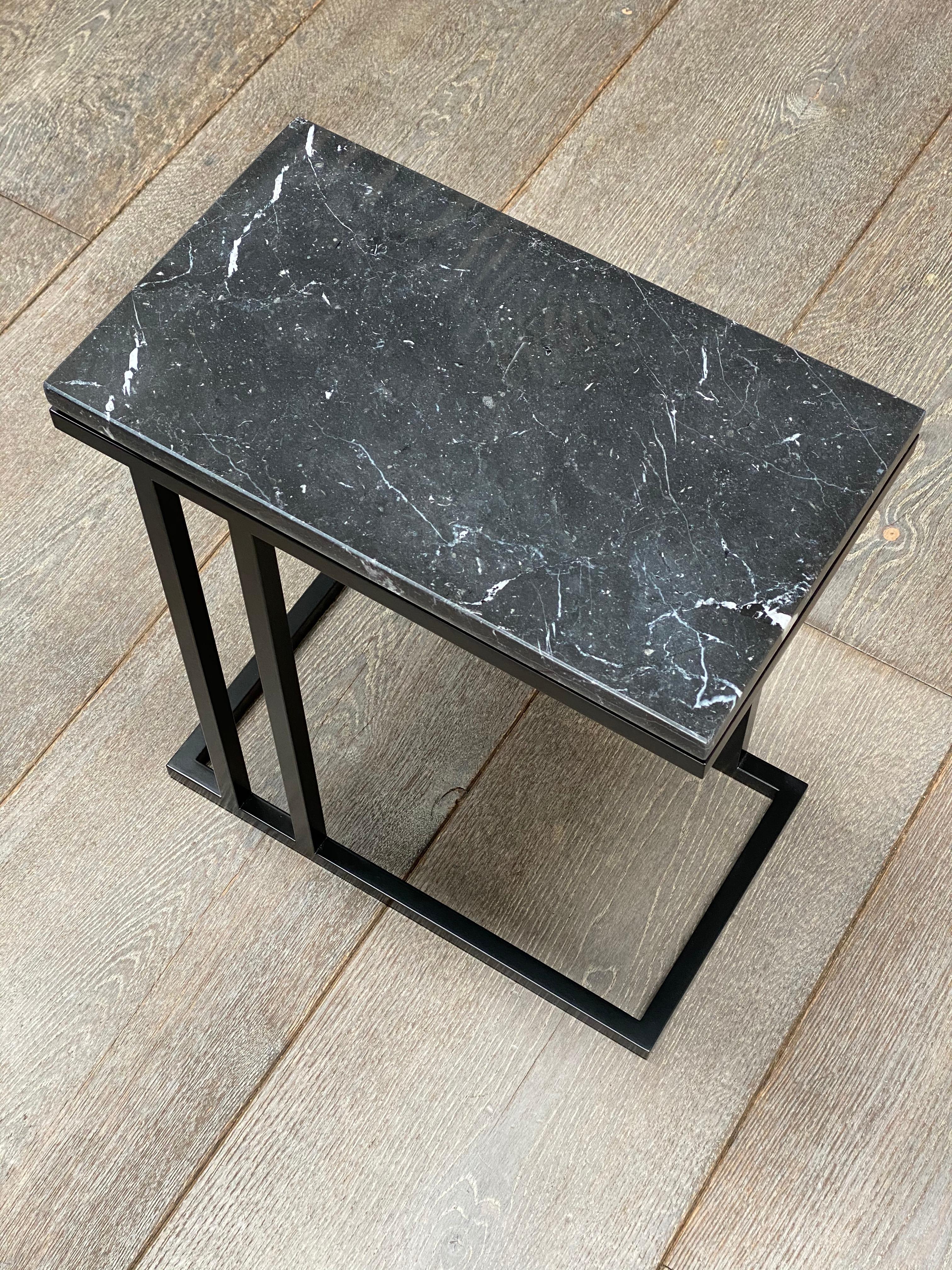 Powder-Coated Art Deco Inspired Elio II Slim Side Table Black Powder Coated and Marble For Sale