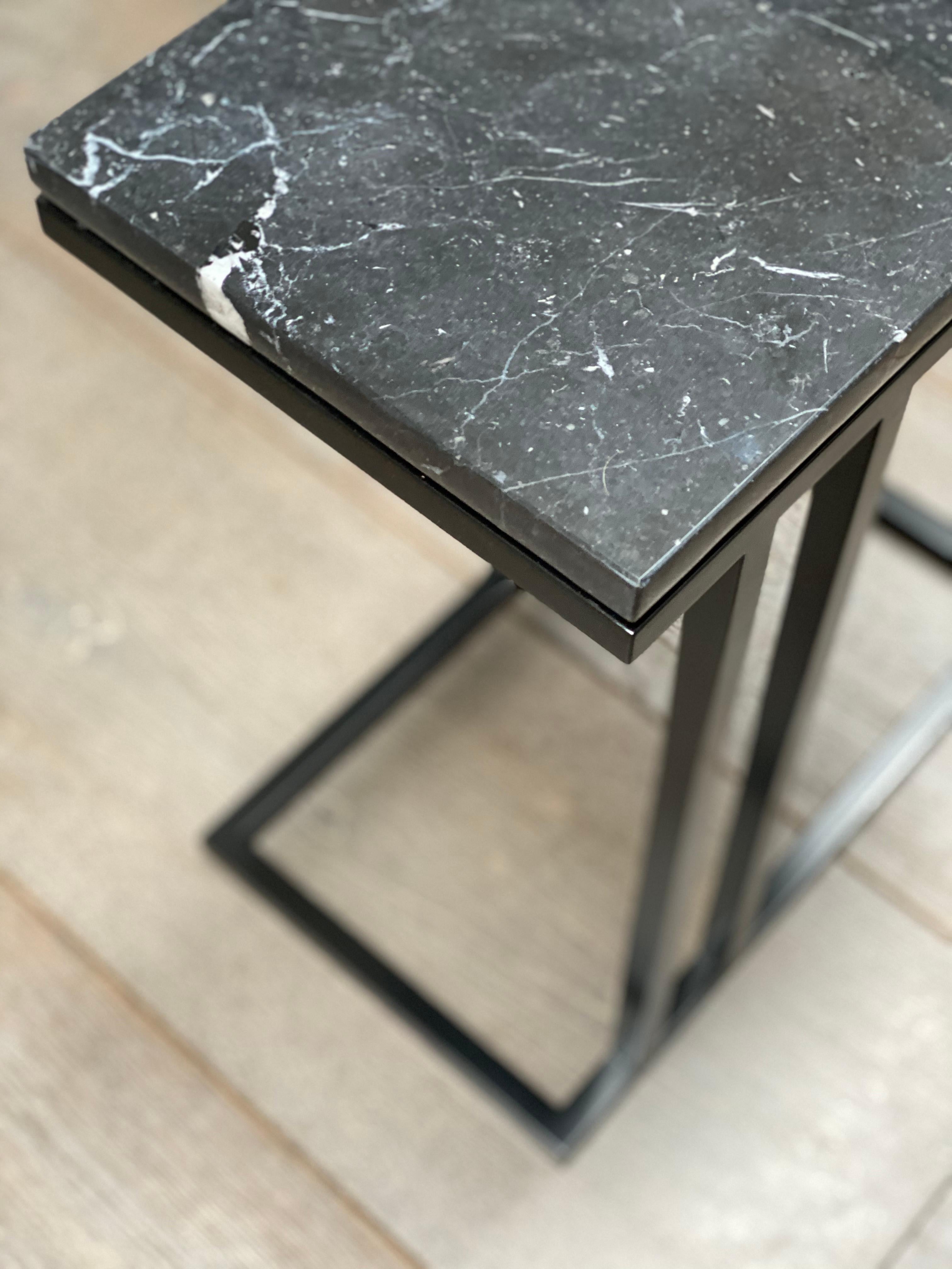 Contemporary Art Deco Inspired Elio II Slim Side Table Black Powder Coated and Marble For Sale