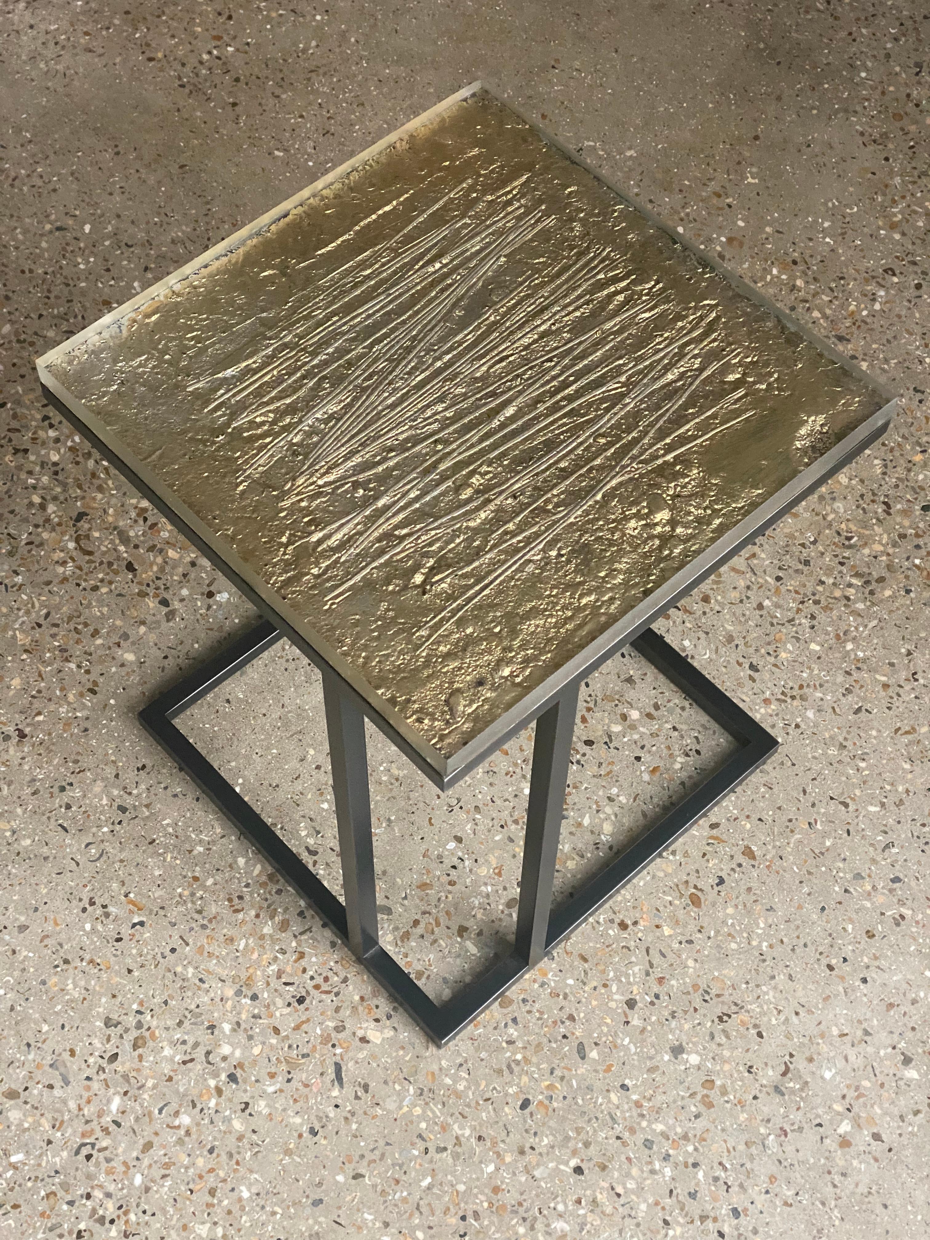 Contemporary Custom Made Elio II Side Table Blackened Steel Hand Cast Glass For Sale