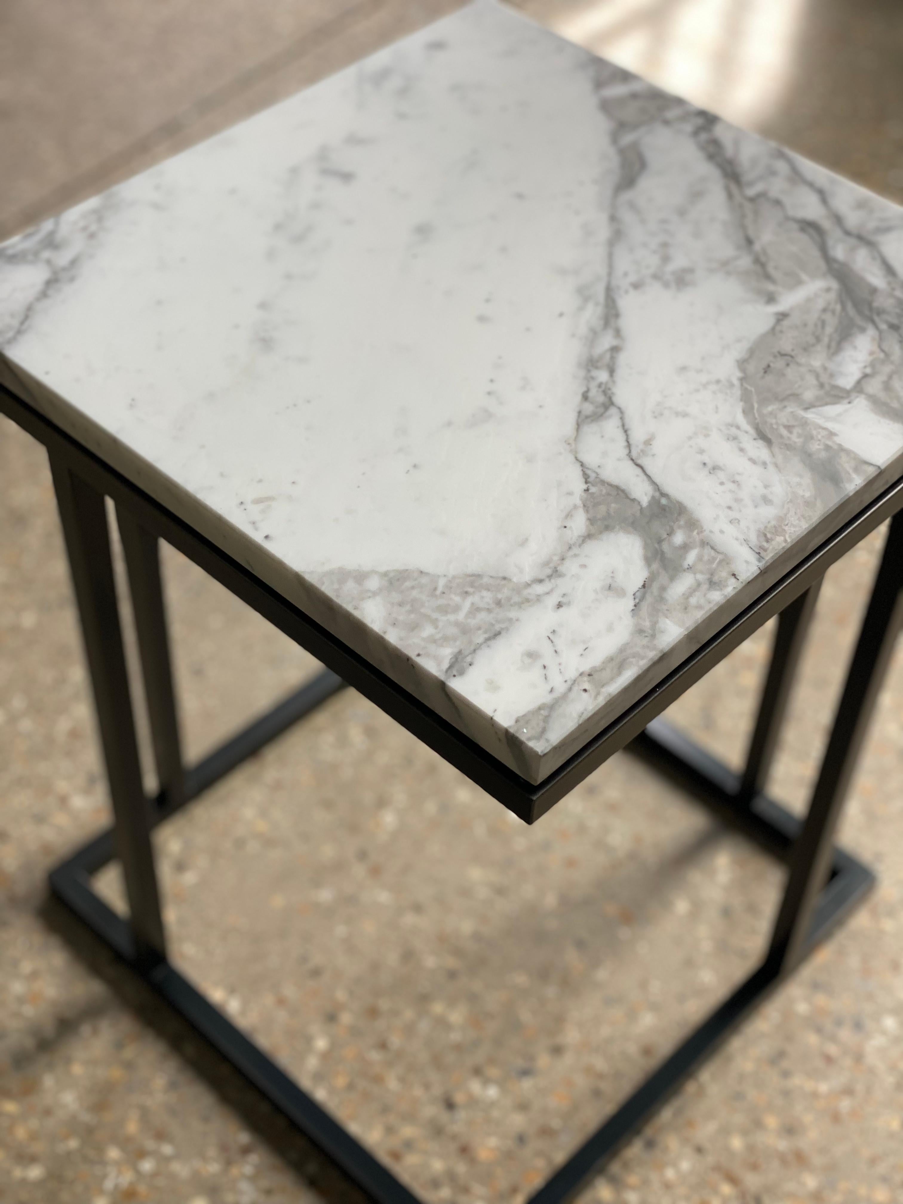 Contemporary Custom Made Art Deco Inspired Elio II Slim Side Table Blackened Steel and Marble For Sale