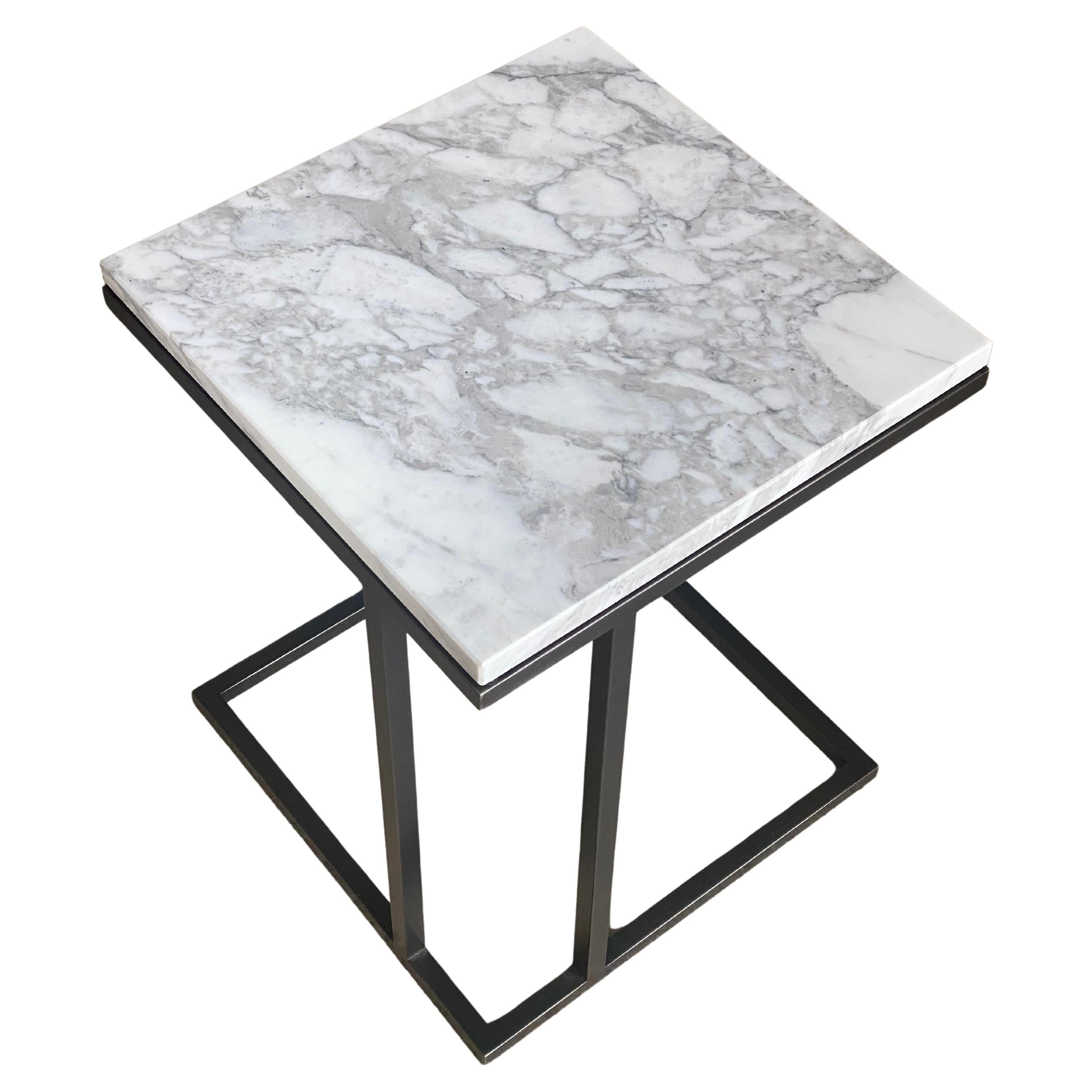 Custom Made Art Deco Inspired Elio II Slim Side Table Blackened Steel and Marble For Sale