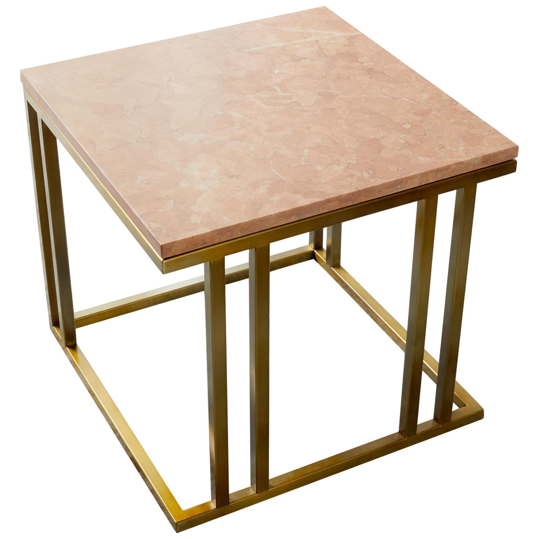 Art Deco Inspired Elio Side Table Antique Brushed Brass Tint Structure & Marble For Sale