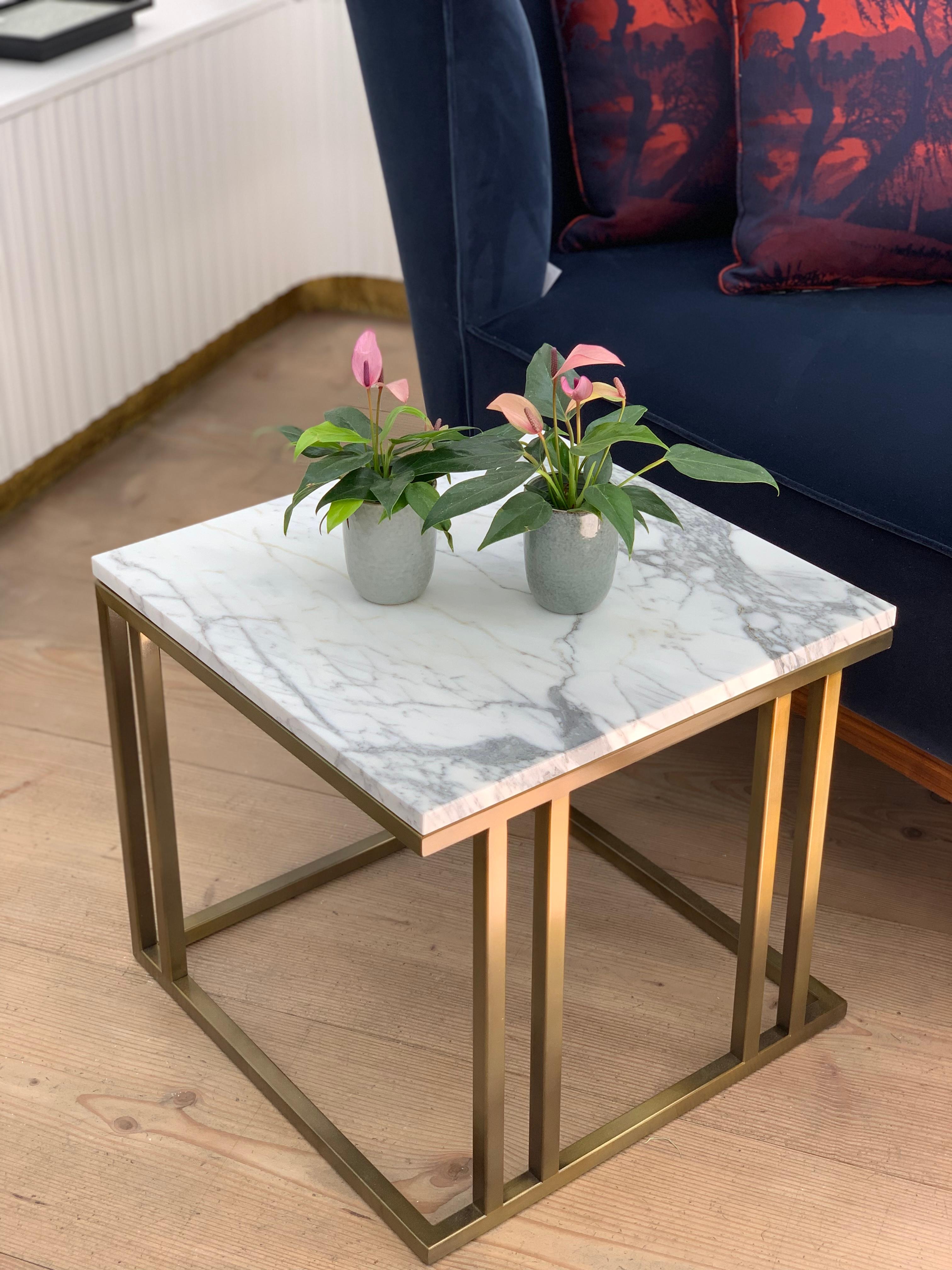 Art Deco Inspired Elio Side Table Antique Brushed Brass Plate & Marble For Sale 2