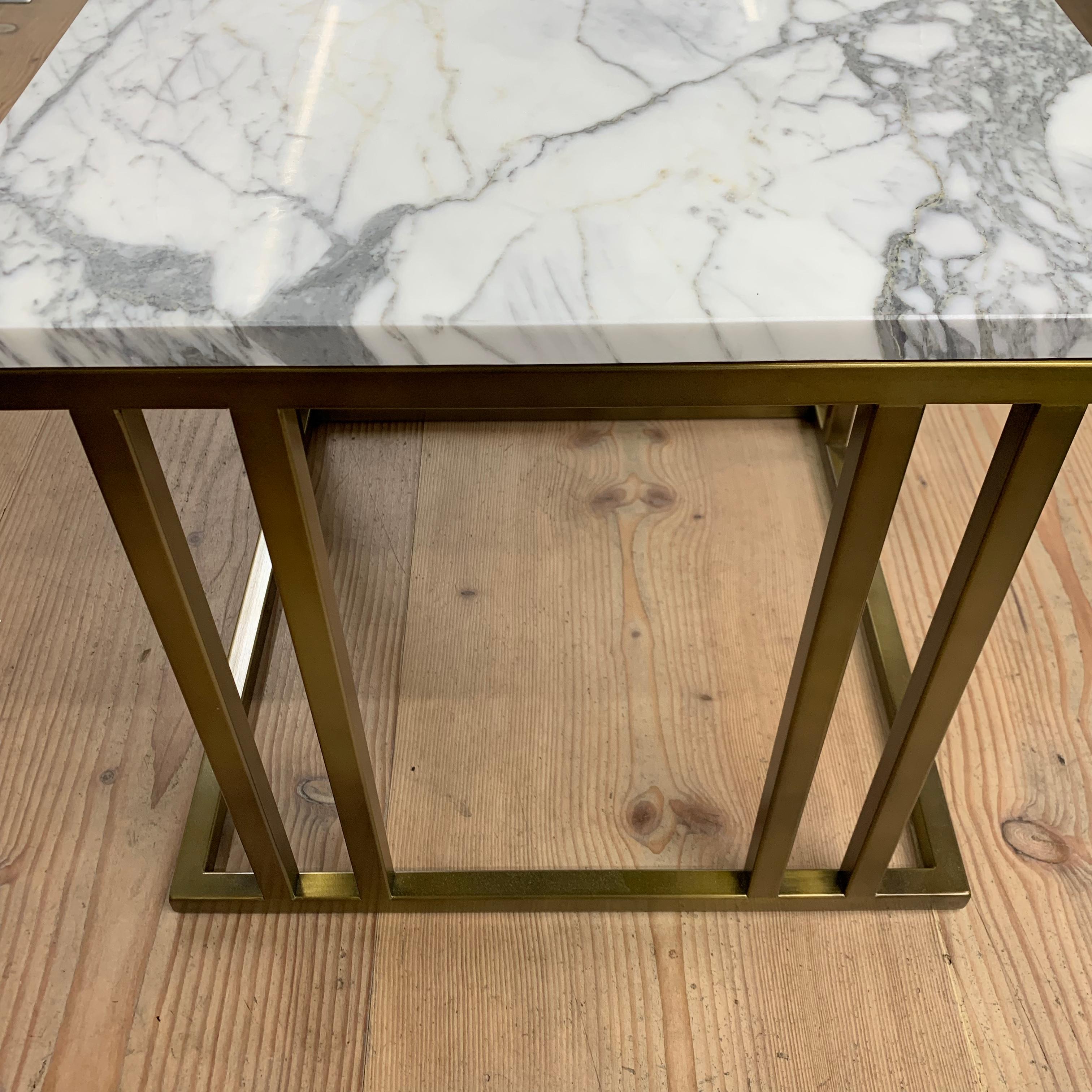 Art Deco Inspired Elio Side Table Antique Brushed Brass Plate & Marble For Sale 4
