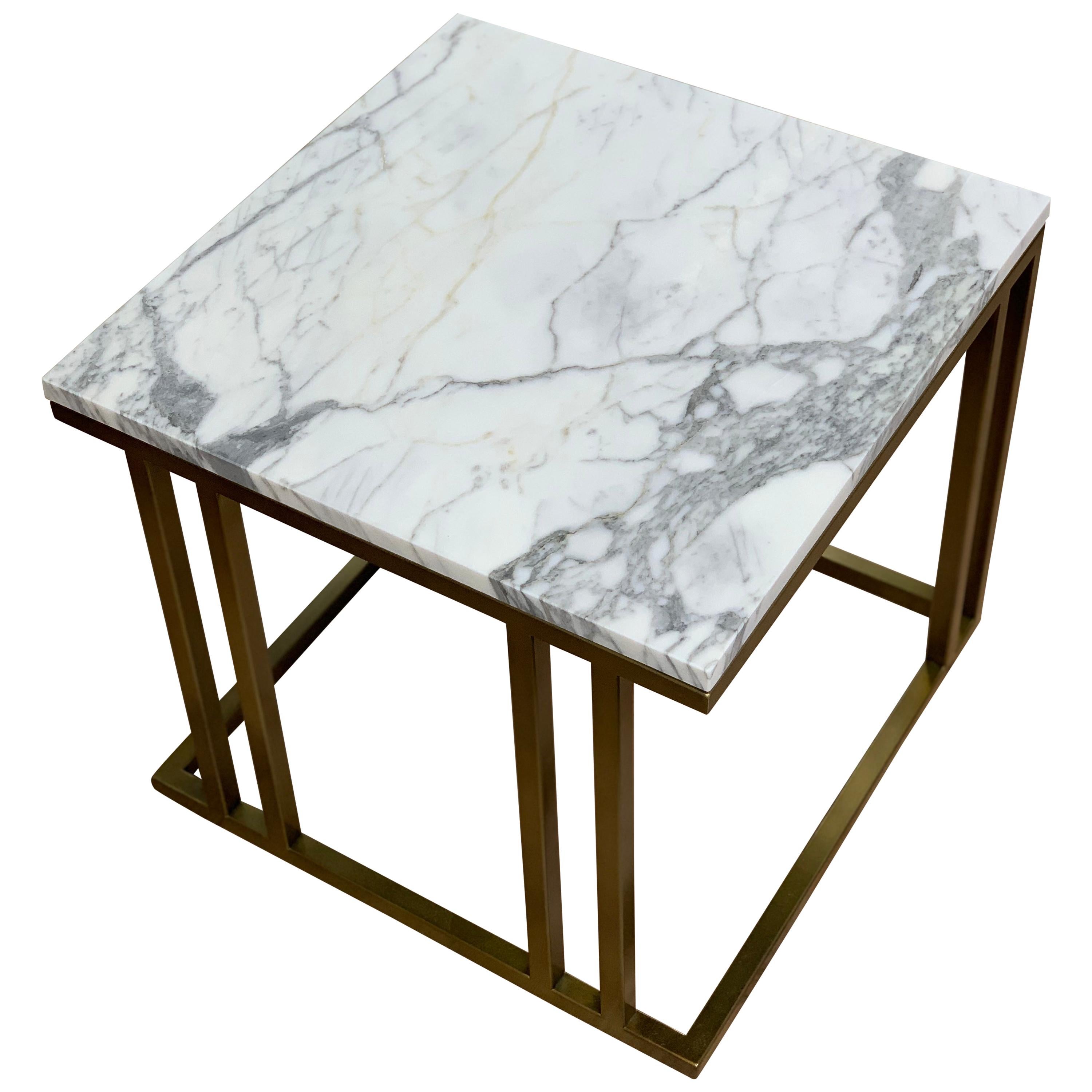 Art Deco Inspired Elio Side Table Antique Brushed Brass Plate & Marble For Sale