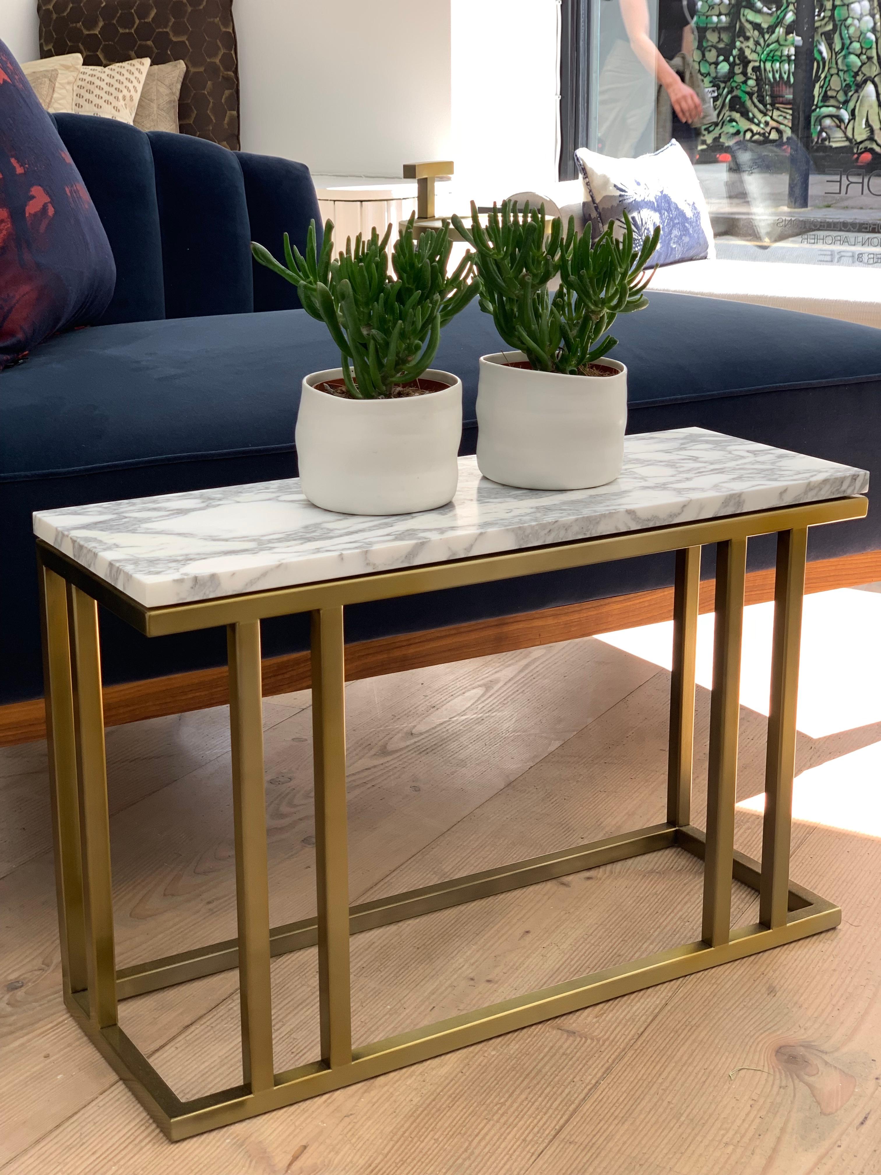 English Art Deco Inspired Elio Slim Side Table Antique Brass Tint and Marble For Sale