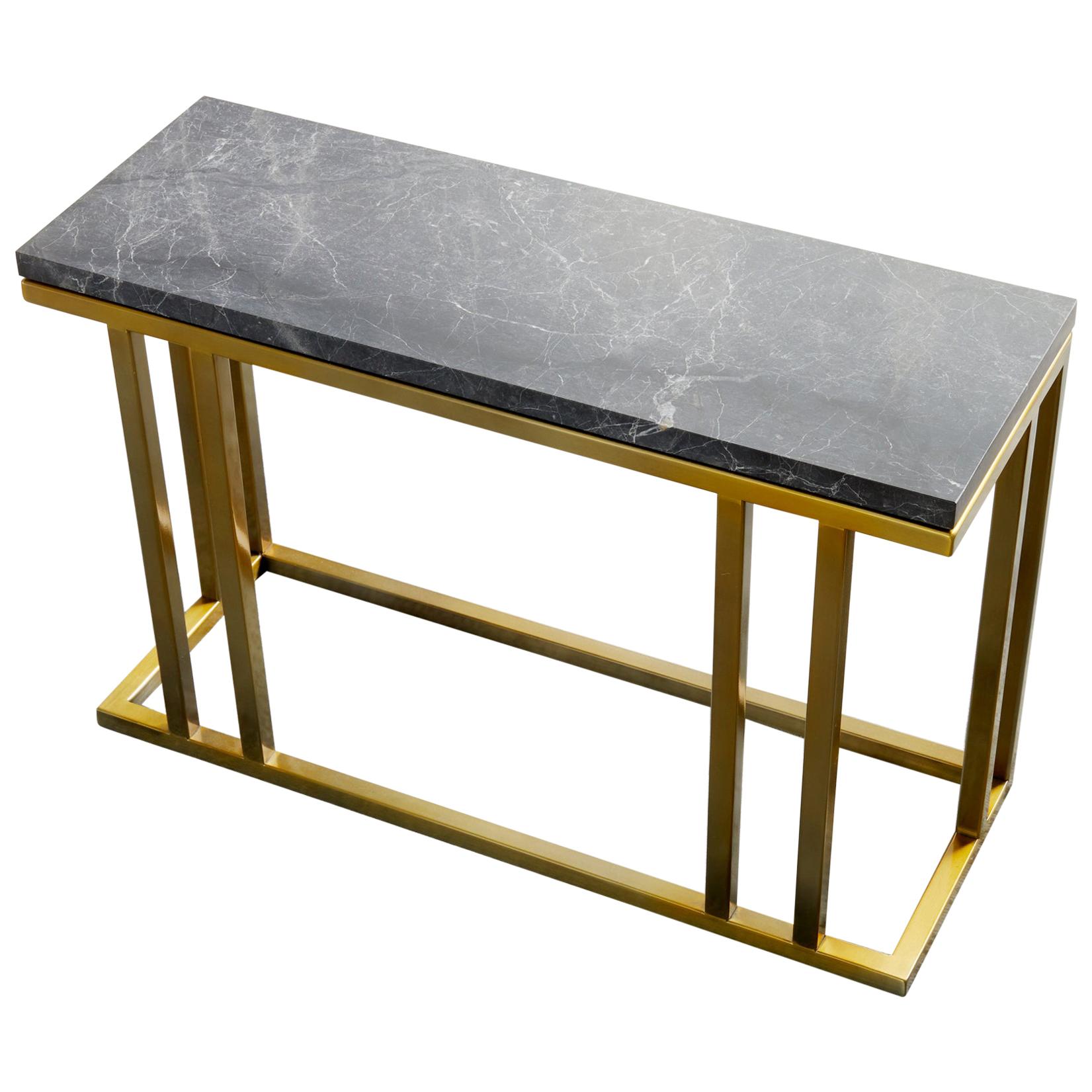 Art Deco Inspired Elio Slim Side Table Antique Brass Tint and Marble For Sale
