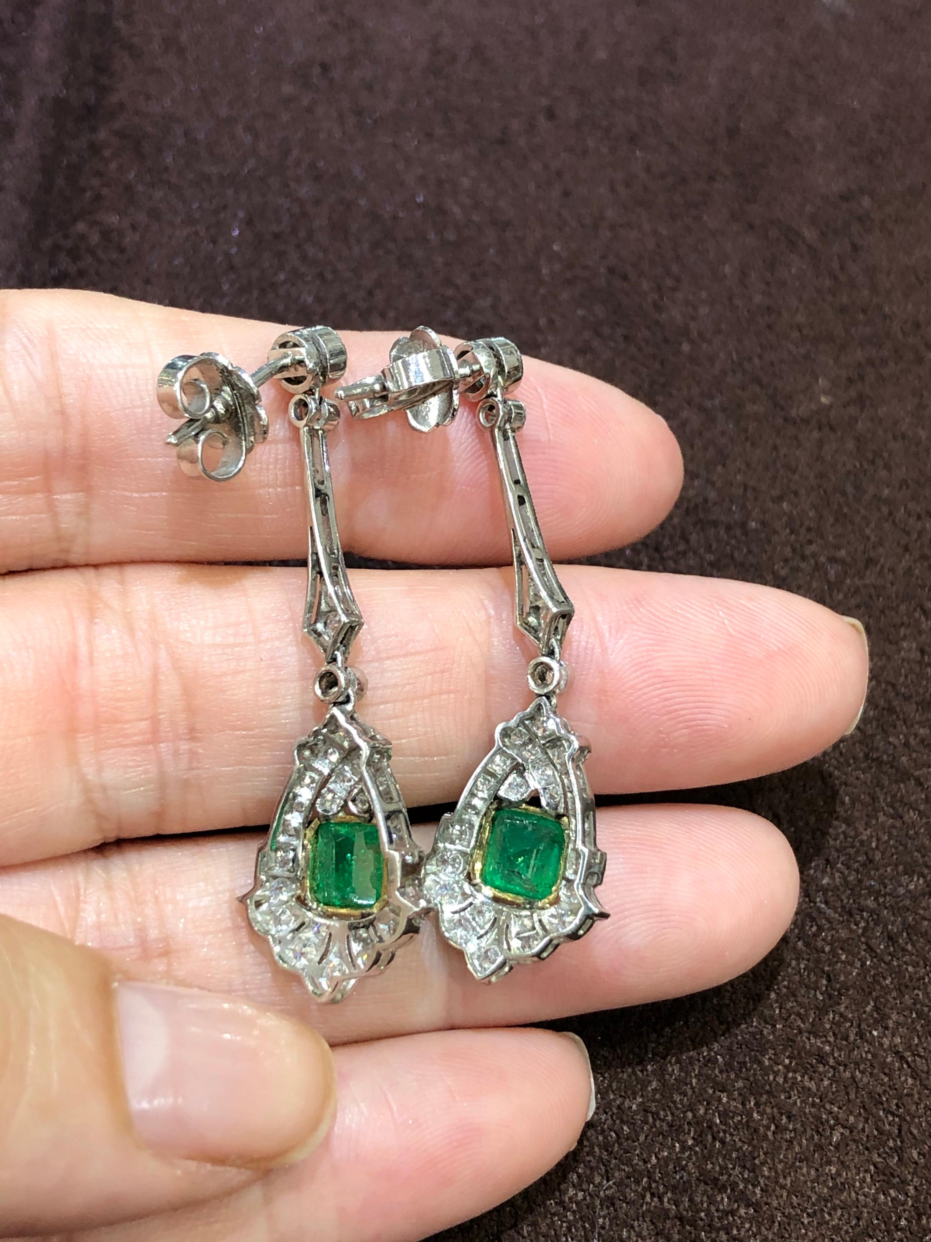 Emerald Cut Art Deco Style Emerald and Diamond Drop 18 Karat White Gold Earrings For Sale