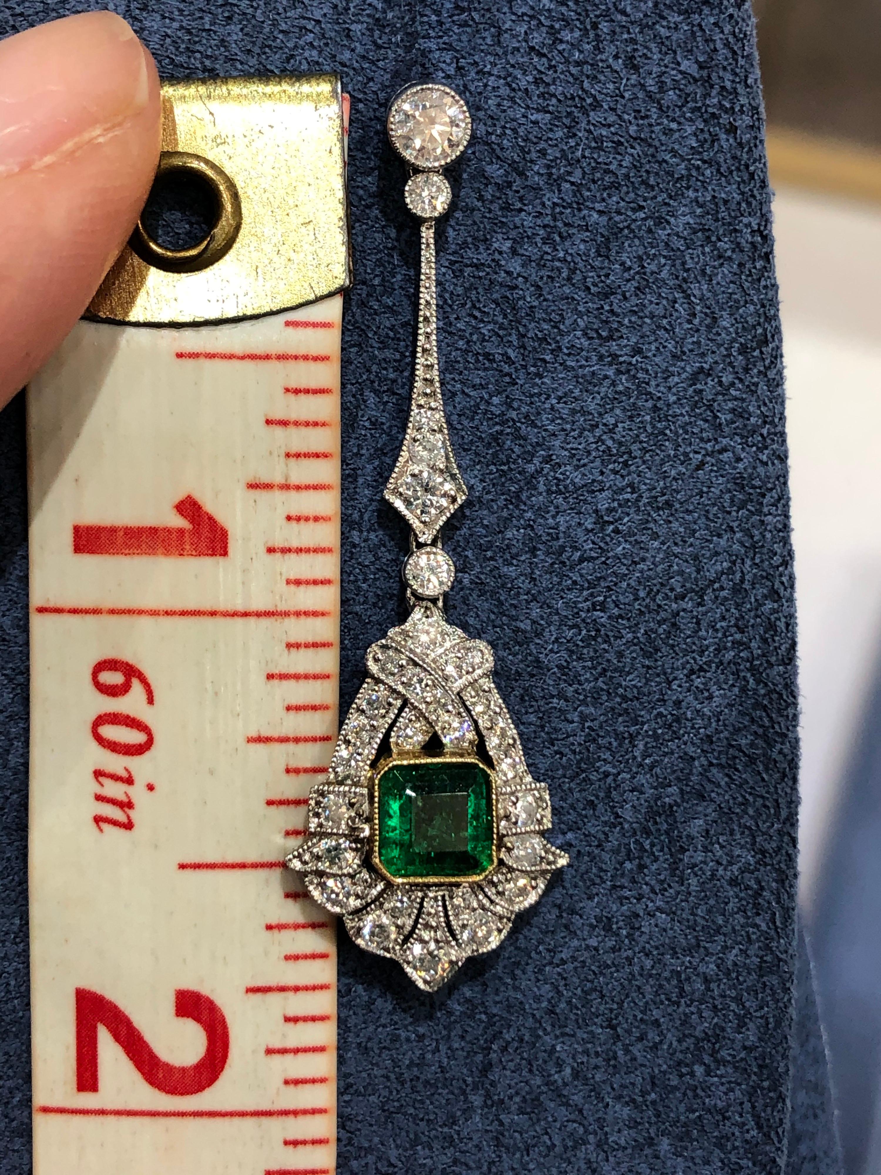 Art Deco Style Emerald and Diamond Drop 18 Karat White Gold Earrings In New Condition For Sale In Miami, FL
