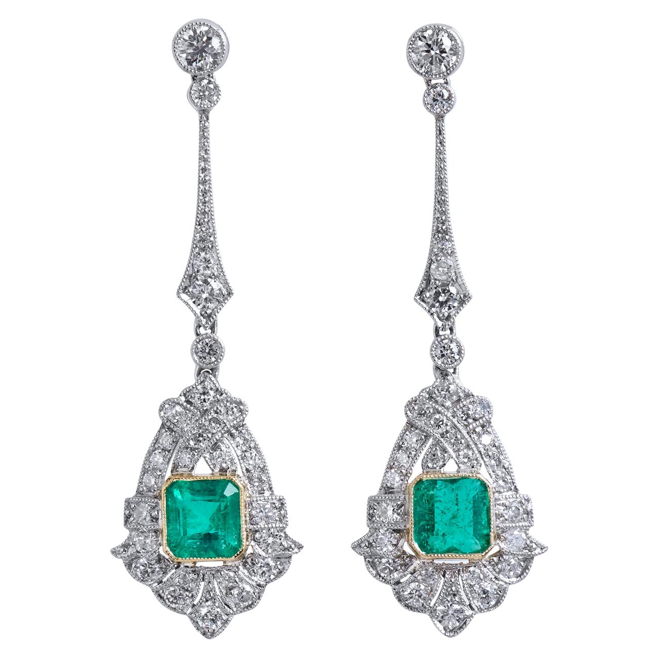 Art Deco Style Emerald and Diamond Drop 18 Karat White Gold Earrings For Sale